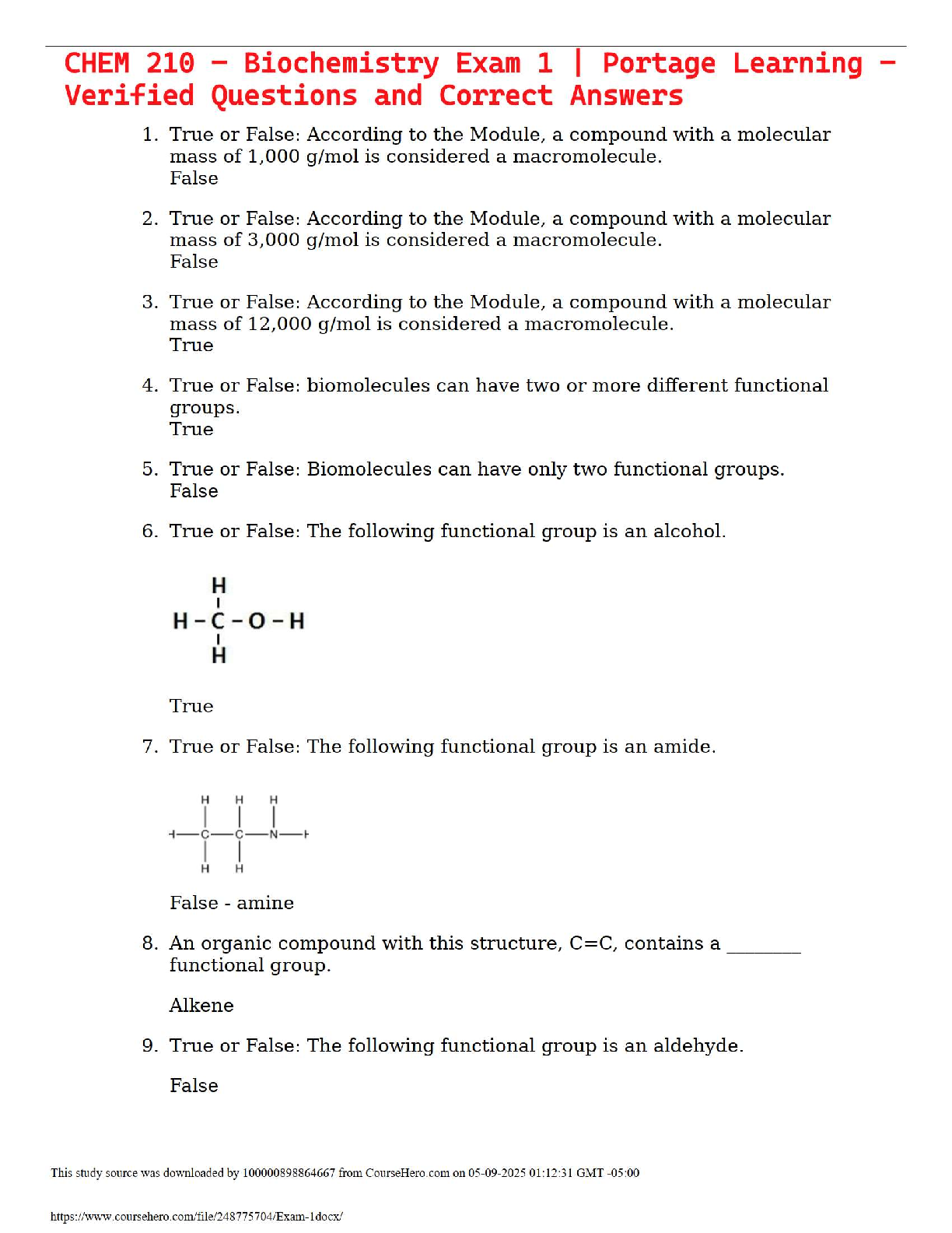 CHEM 210 – Biochemistry Exam 1 | Portage Learning – Verified Questions and Correct Answers