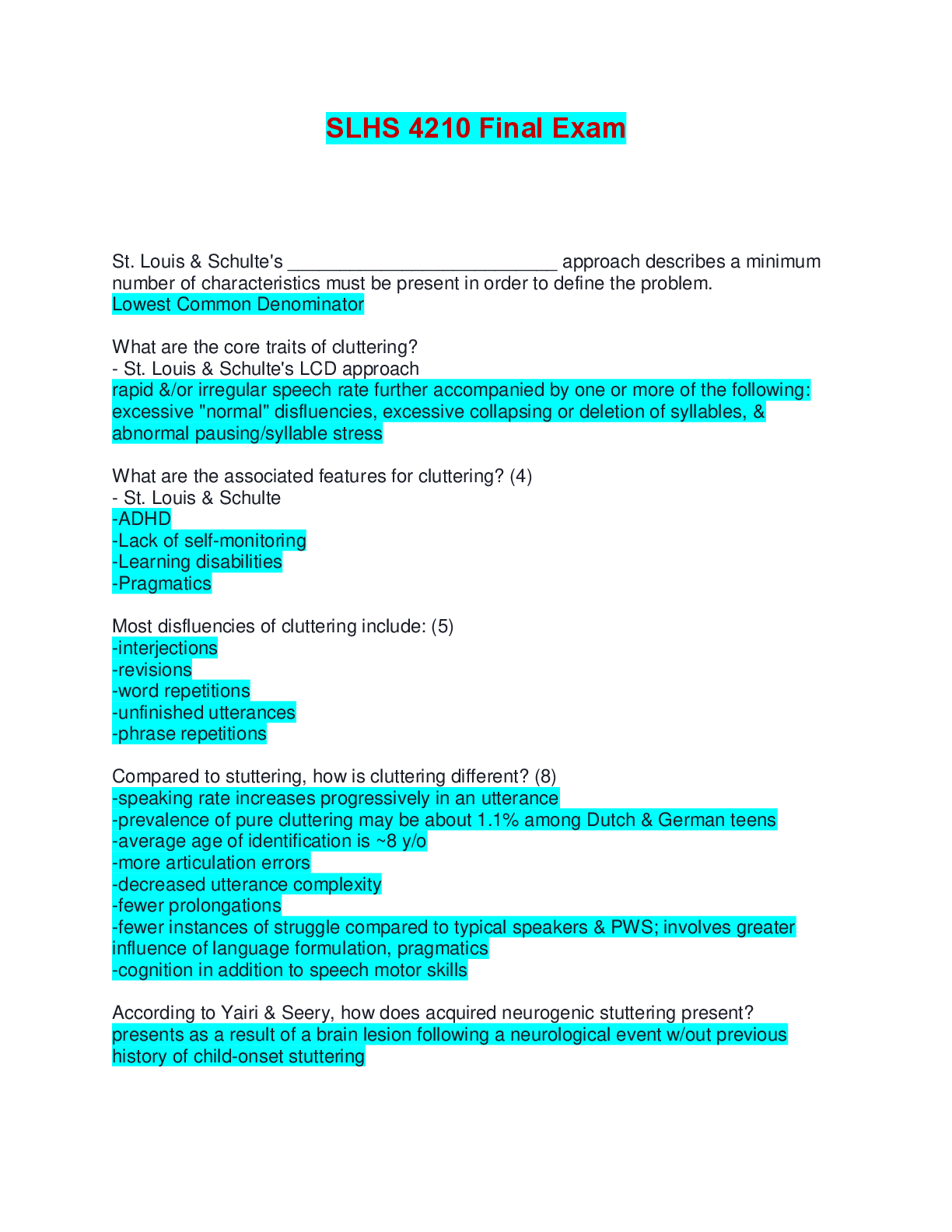 Preview of SLHS 4210 Final Exam | Questions and Answers