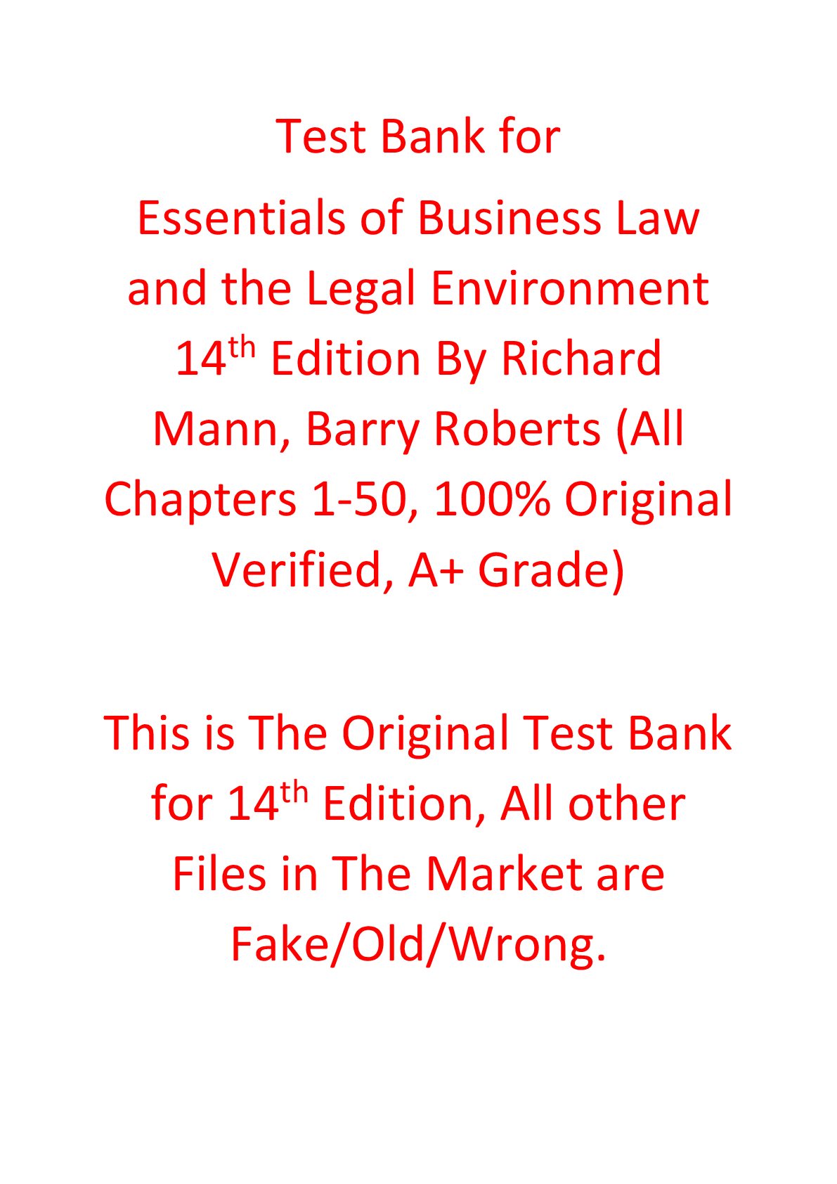 Preview of Test Bank For Essentials of Business Law and the Legal Environment 14th Edition By Richard Mann, Barry Roberts