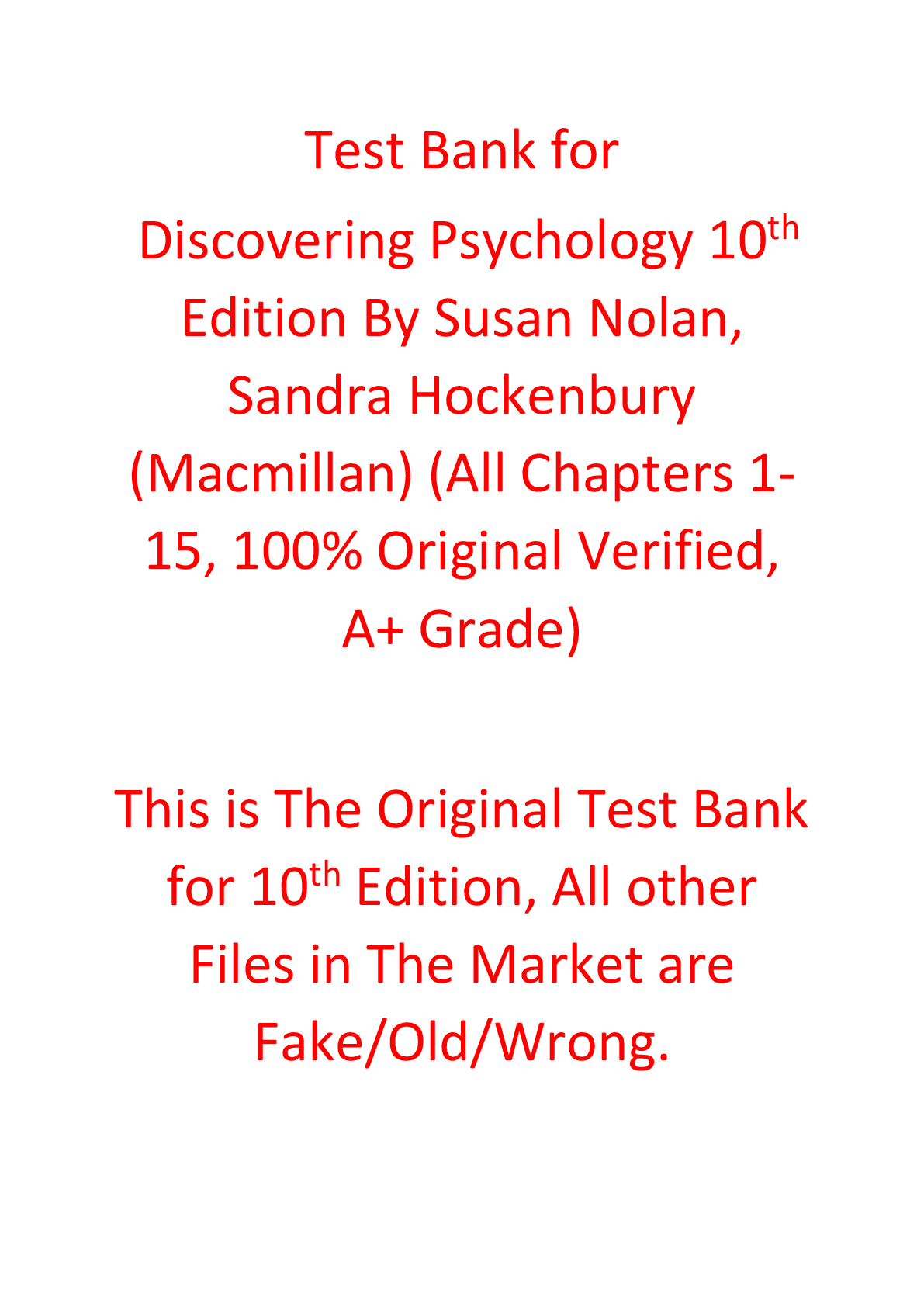 Preview of Test bank For Discovering Psychology 10th Edition By Susan Nolan, Sandra Hockenbury