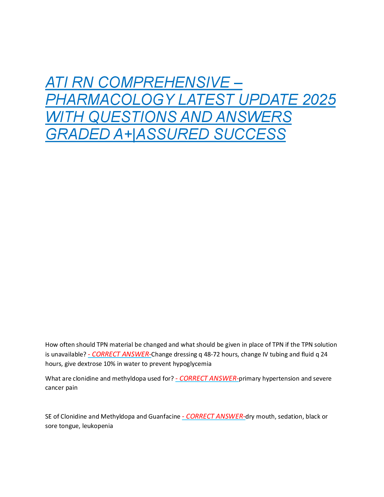 Preview image for ATI RN COMPREHENSIVE  PHARMACOLOGY LATEST UPDATE 2025  WITH QUESTIONS AND ANSWERS  GRADED A+|ASSURED SUCCESS