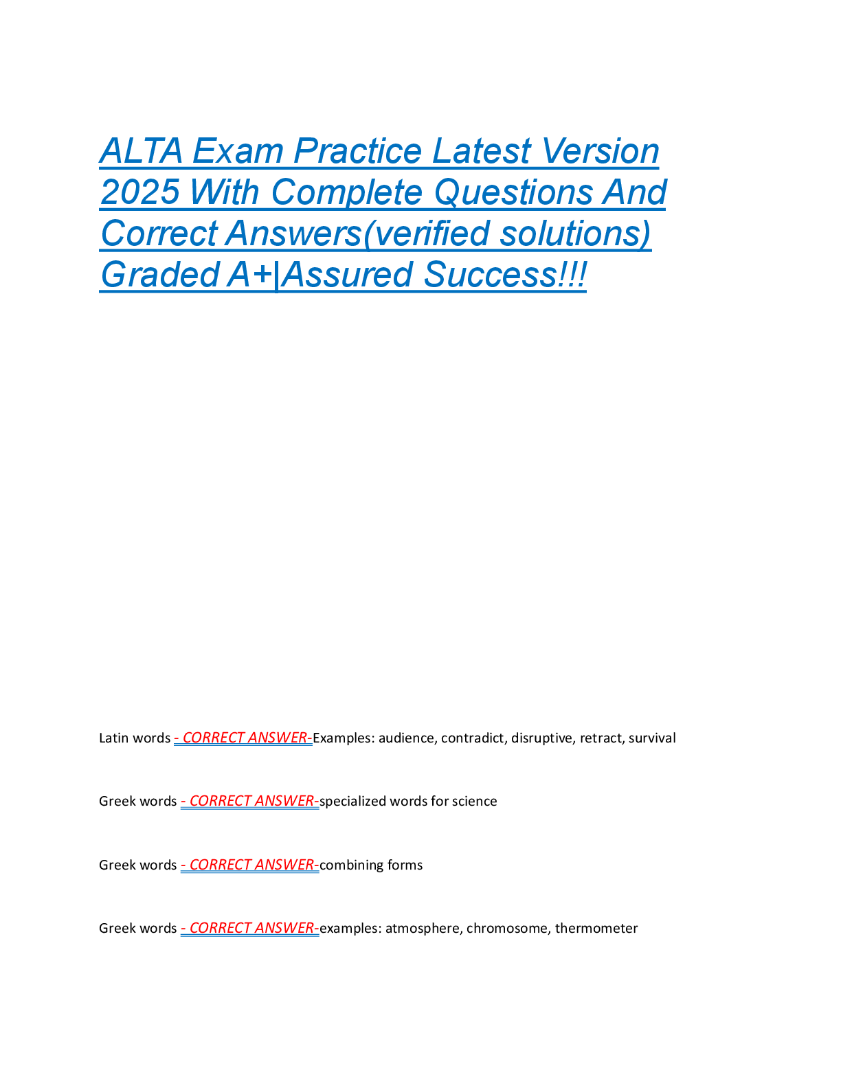 Preview of ALTA Exam Practice Latest Version  2025 With Complete Questions And  Correct Answers(verified solutions)  Graded A+|Assured Success!!!