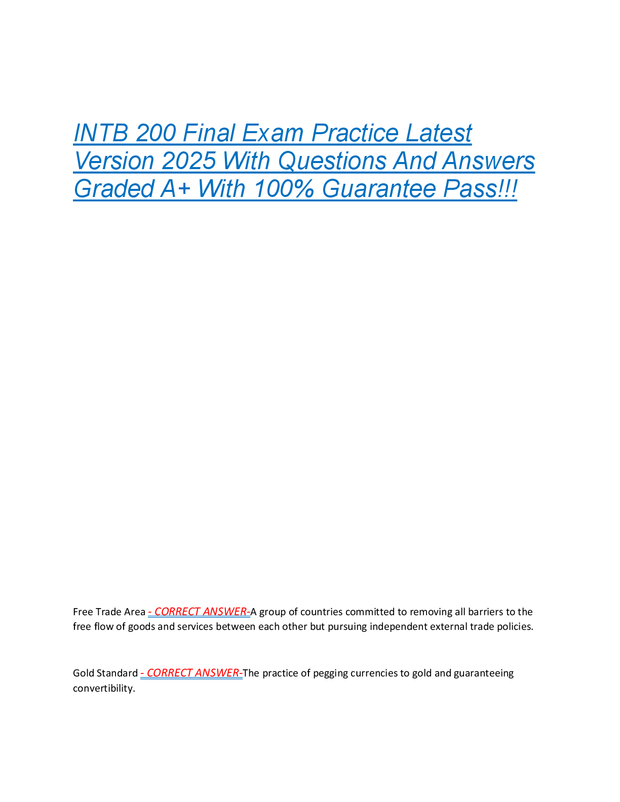 Preview of INTB 200 Final Exam Practice Latest  Version 2025 With Questions And Answers  Graded A+ Wi
