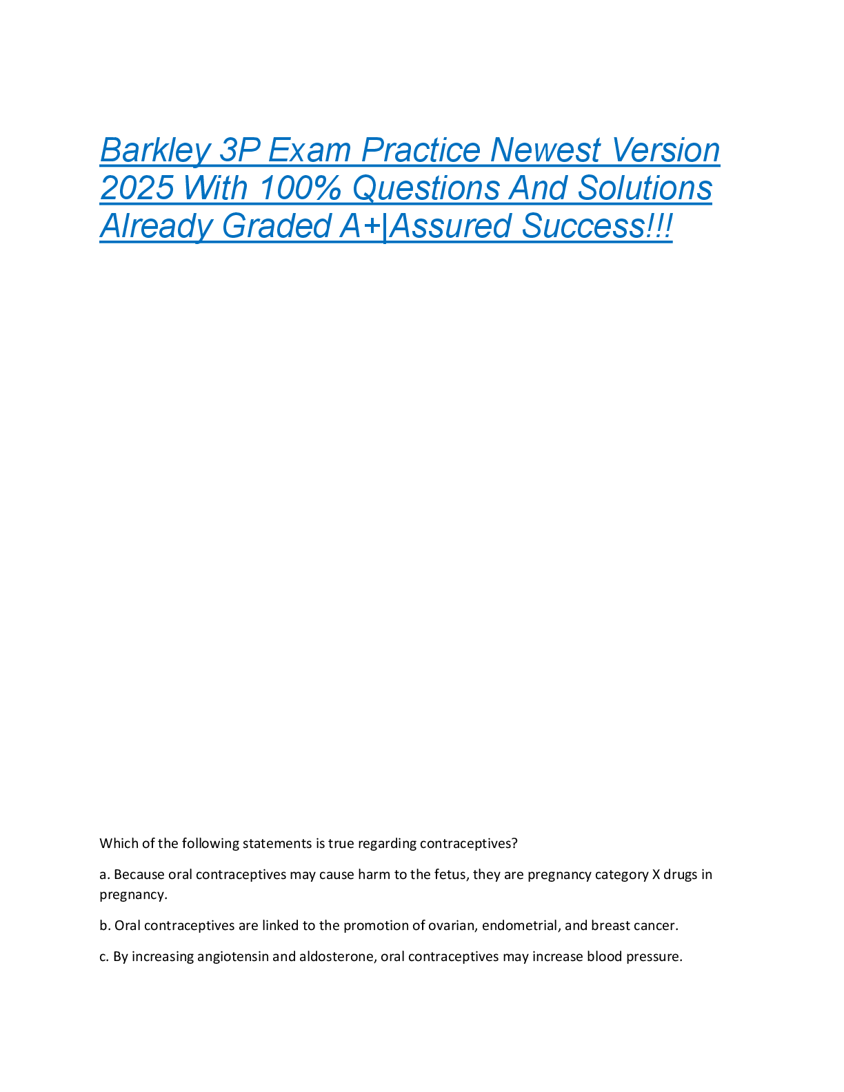 Barkley 3P Exam Practice Newest Version  2025 With 100% Questions And Solutions  Already Graded A+|Assured Success!!!