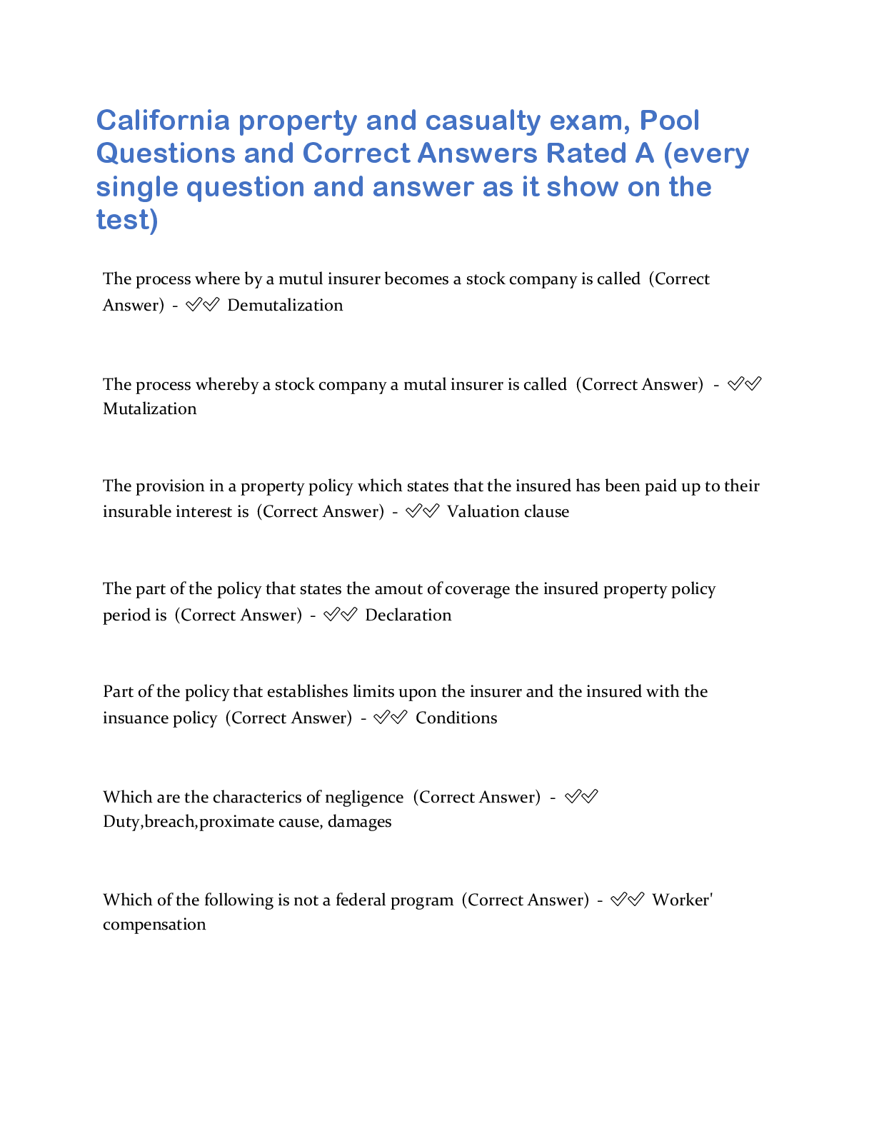 Preview image for California property and casualty exam, Pool  Questions and Correct Answers Rated A (every  single question and answer as it show on the  test)