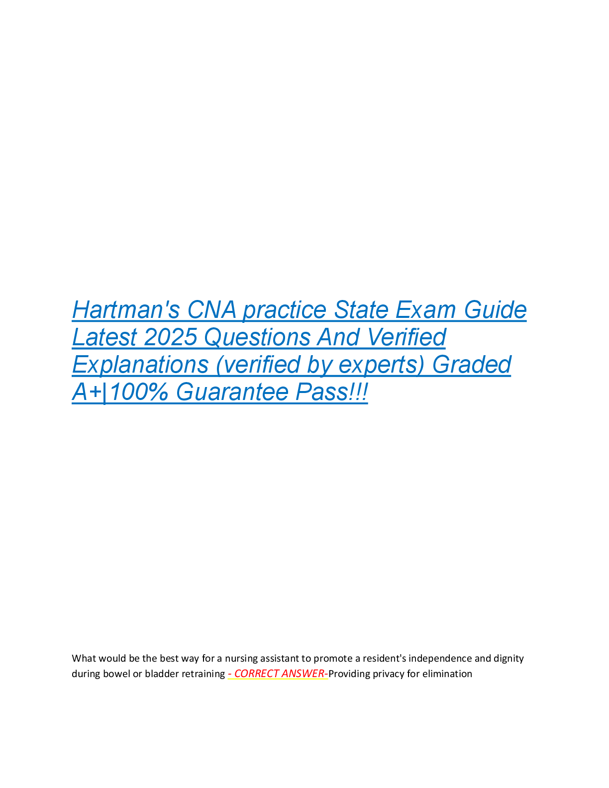 Preview of Hartman's CNA practice State Exam Guide  Latest 2025 Questions And Verified  Explanations