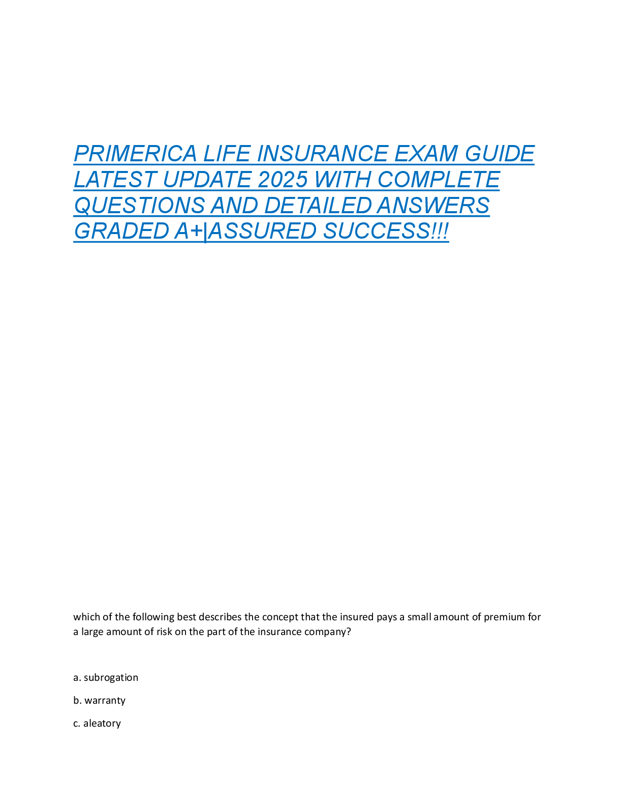 Preview of PRIMERICA LIFE INSURANCE EXAM GUIDE  LATEST UPDATE 2025 WITH COMPLETE  QUESTIONS AND DETAILED ANSWERS  GRADED A+|ASSURED SUCCESS!!!