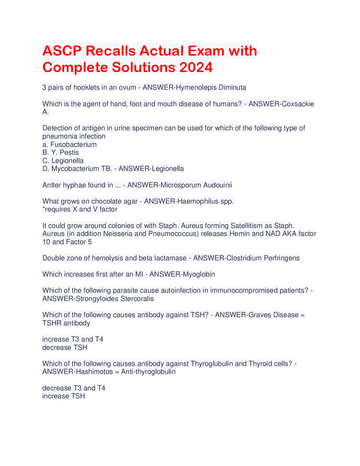 Preview image for ASCP Recalls Actual Exam with  Complete Solutions 2024