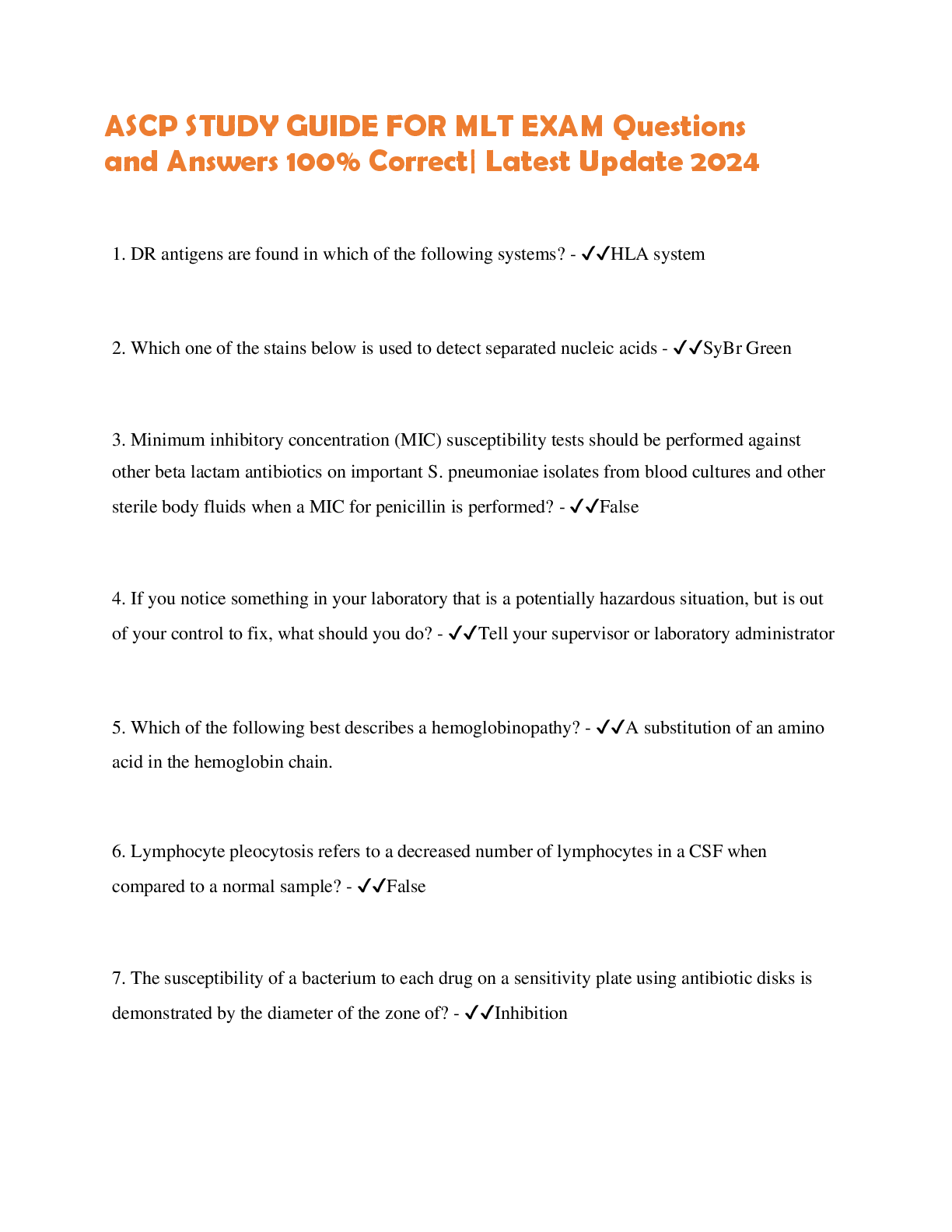 Preview of ASCP STUDY GUIDE FOR MLT EXAM Questions  and Answers 100% Correct| Latest Update 2024