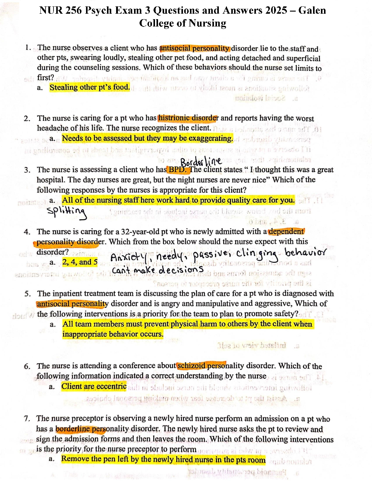 NUR 256 Psych Exam 3 | Questions and Answers | Galen College of Nursing