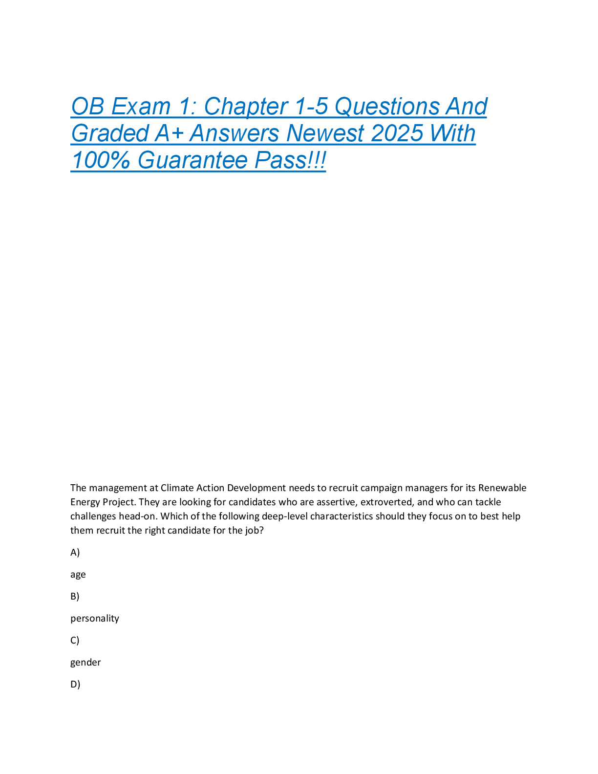 Preview of OB Exam 1: Chapter 1-5 Questions And  Graded A+ Answers Newest 2025 With  100% Guarantee Pass!!!