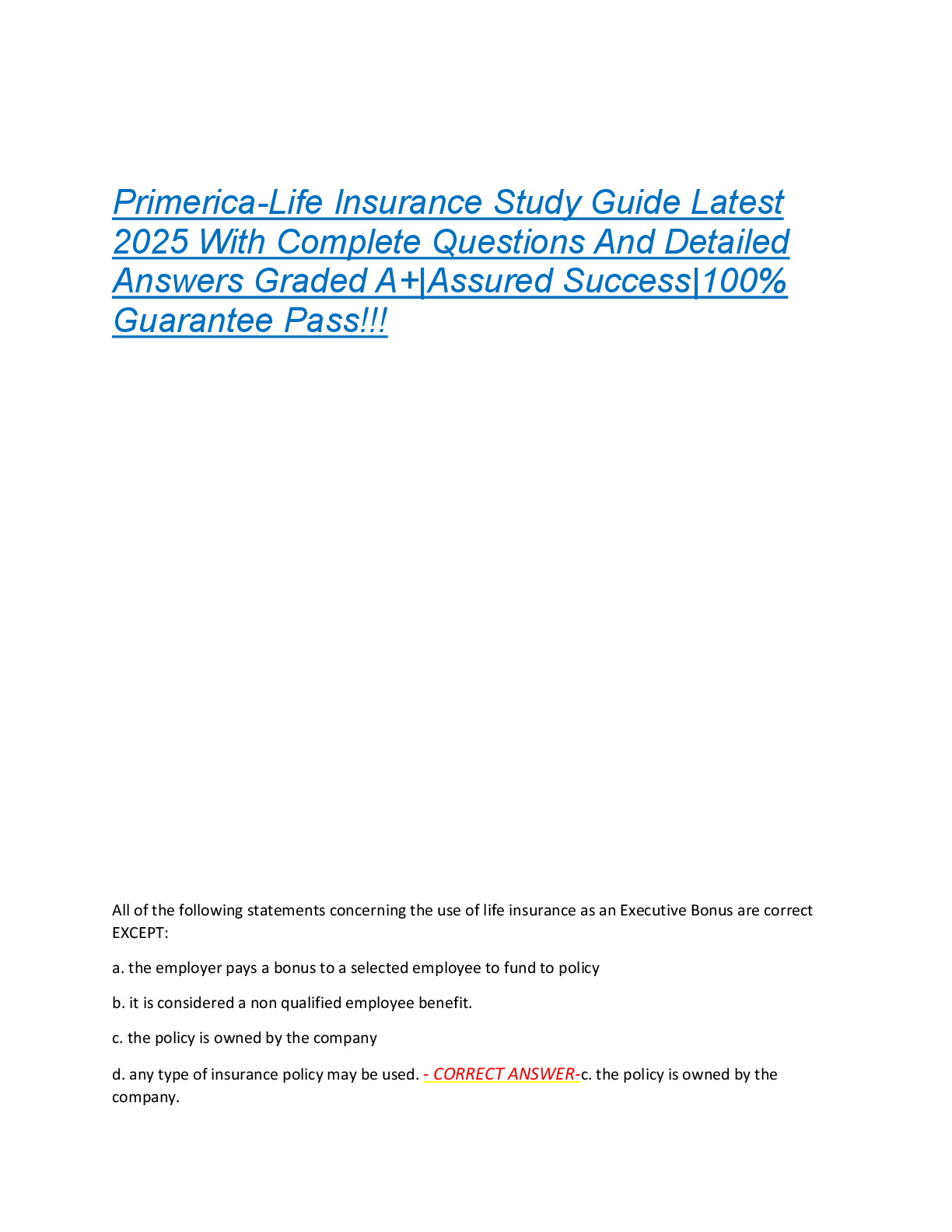 Primerica-Life Insurance Study Guide Latest  2025 With Complete Questions And Detailed  Answers Graded A+|Assured Success|100%  Guarantee Pass!!!