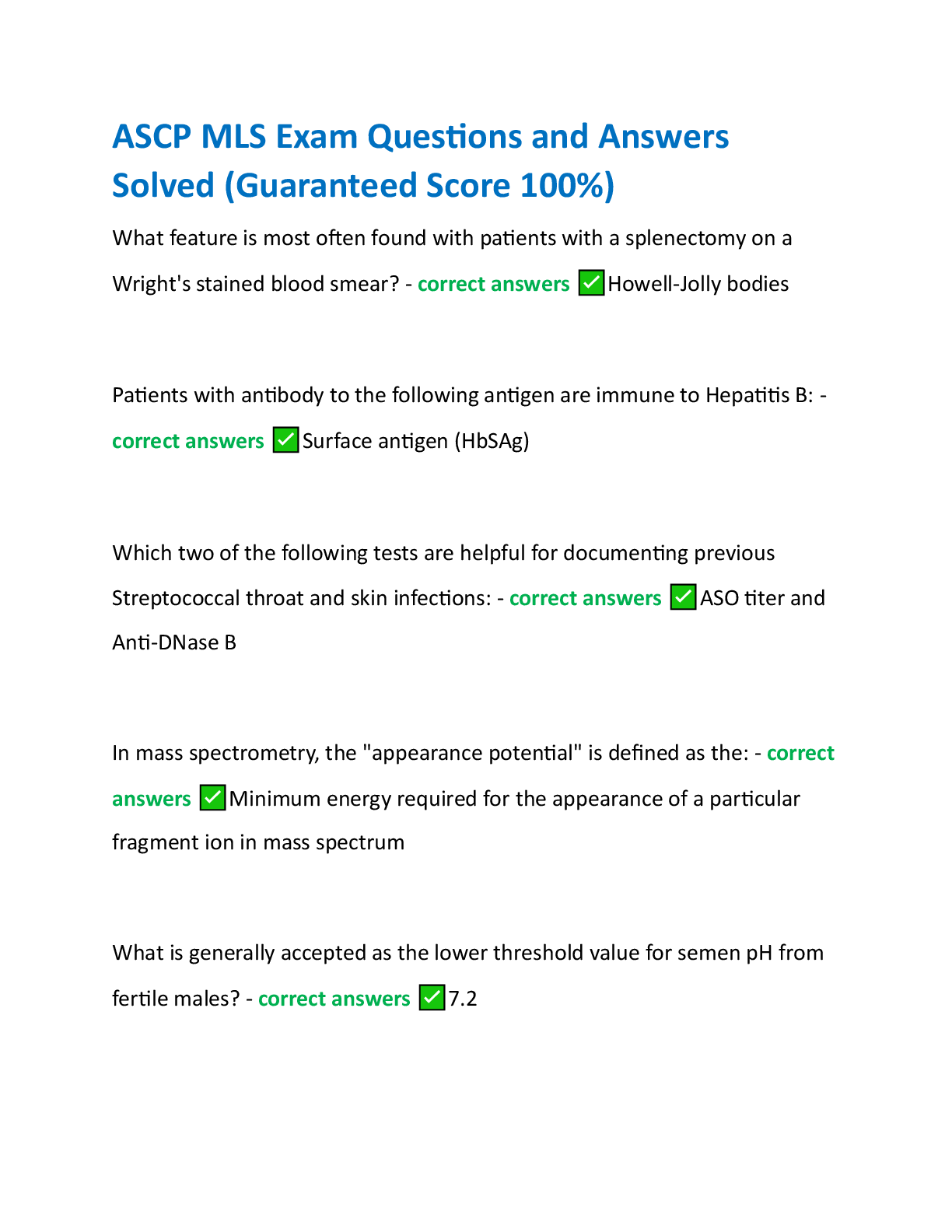 Preview image for ASCP MLS Exam Questions and Answers  Solved (Guaranteed Score 100%)
