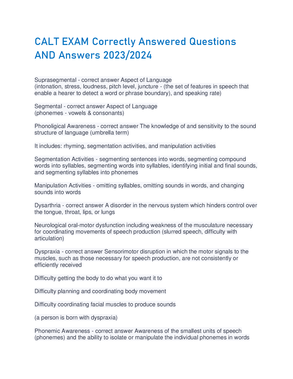 Preview of CALT EXAM Correctly Answered Questions  AND Answers 2023/2024