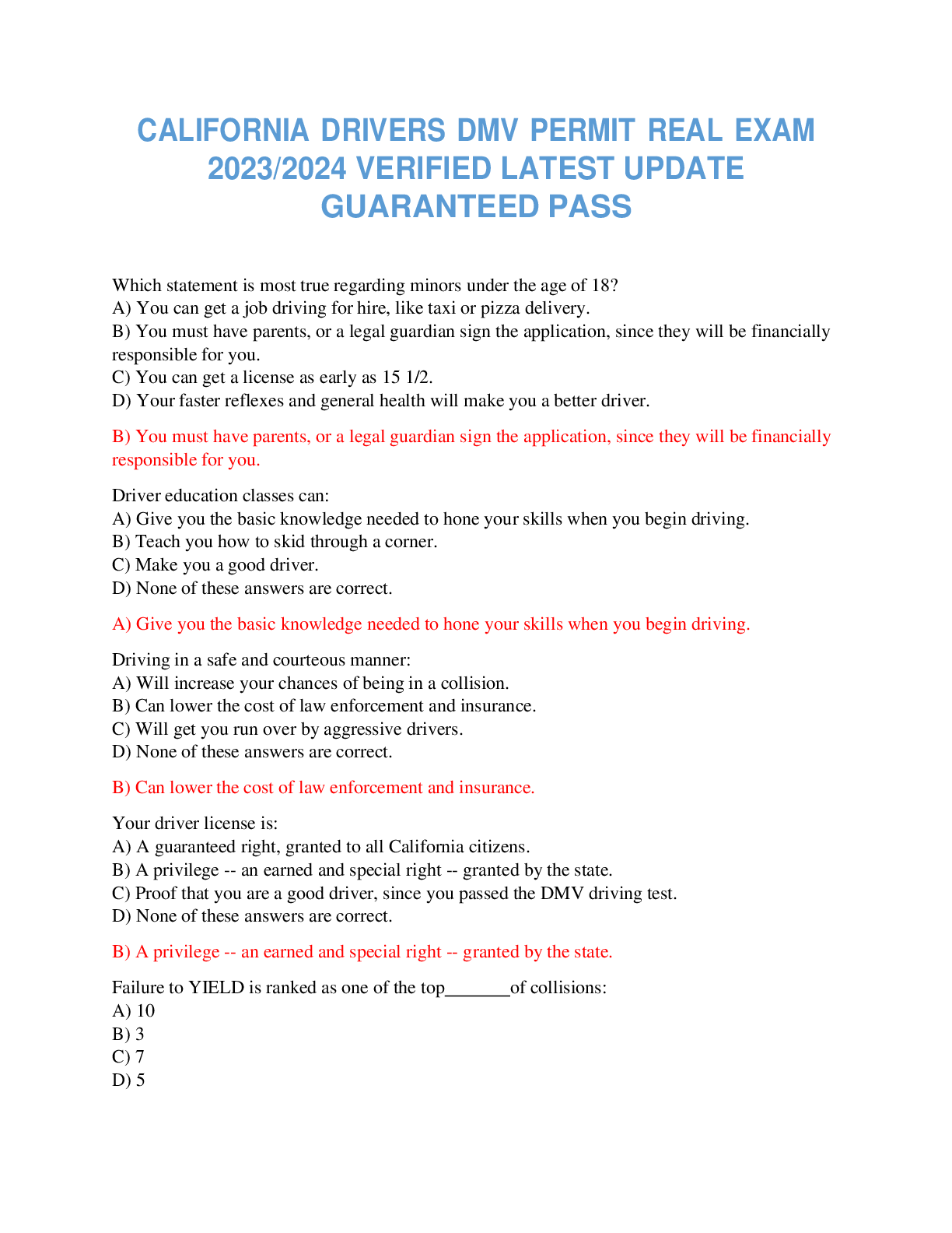Preview image for CALIFORNIA DRIVERS DMV PERMIT REAL EXAM  2023/2024 VERIFIED LATEST UPDATE  GUARANTEED PASS