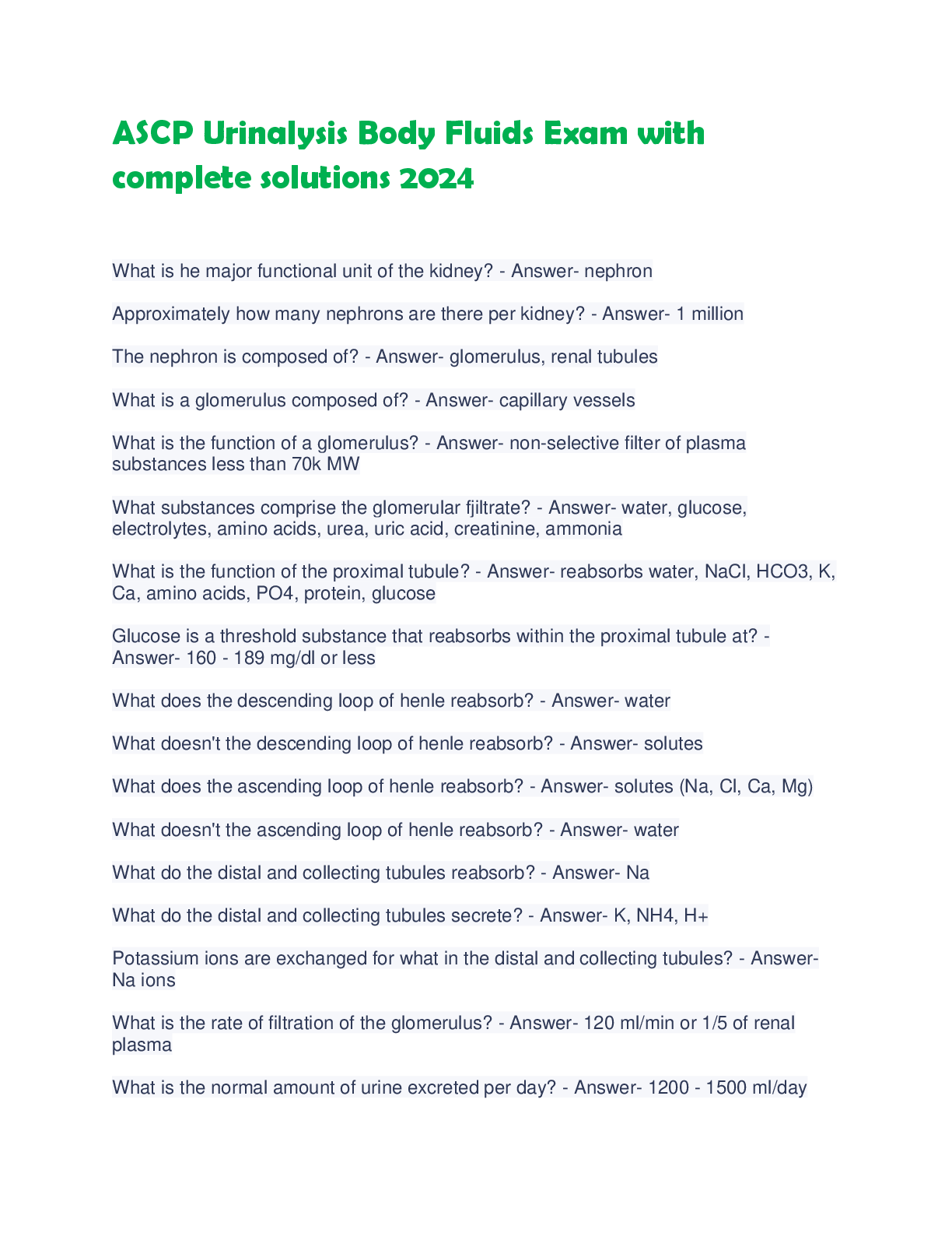 Preview of ASCP Urinalysis Body Fluids Exam with  complete solutions 2024