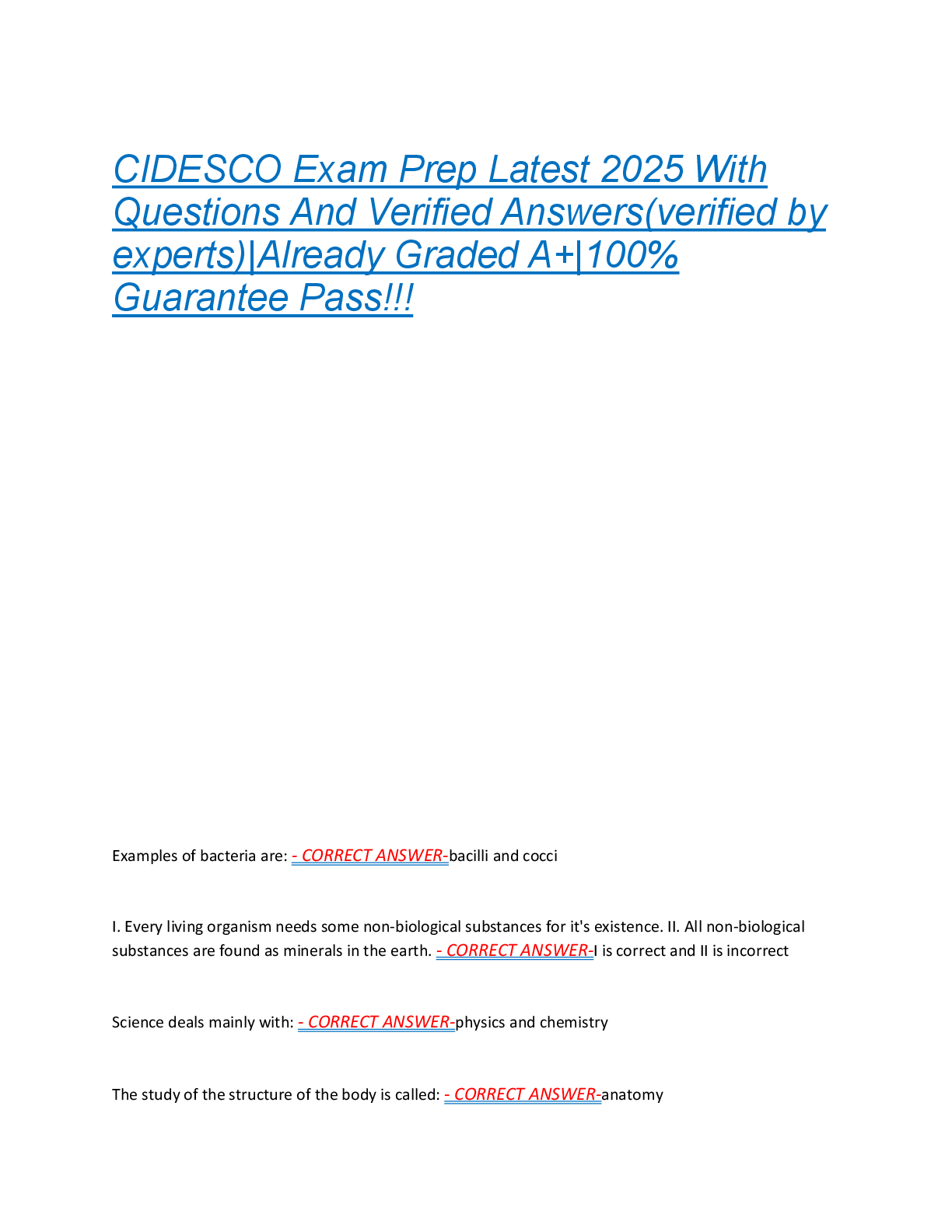 CIDESCO Exam Prep Latest 2025 With  Questions And Verified Answers(verified by  experts)|Already Graded A+|100%  Guarantee Pass!!!