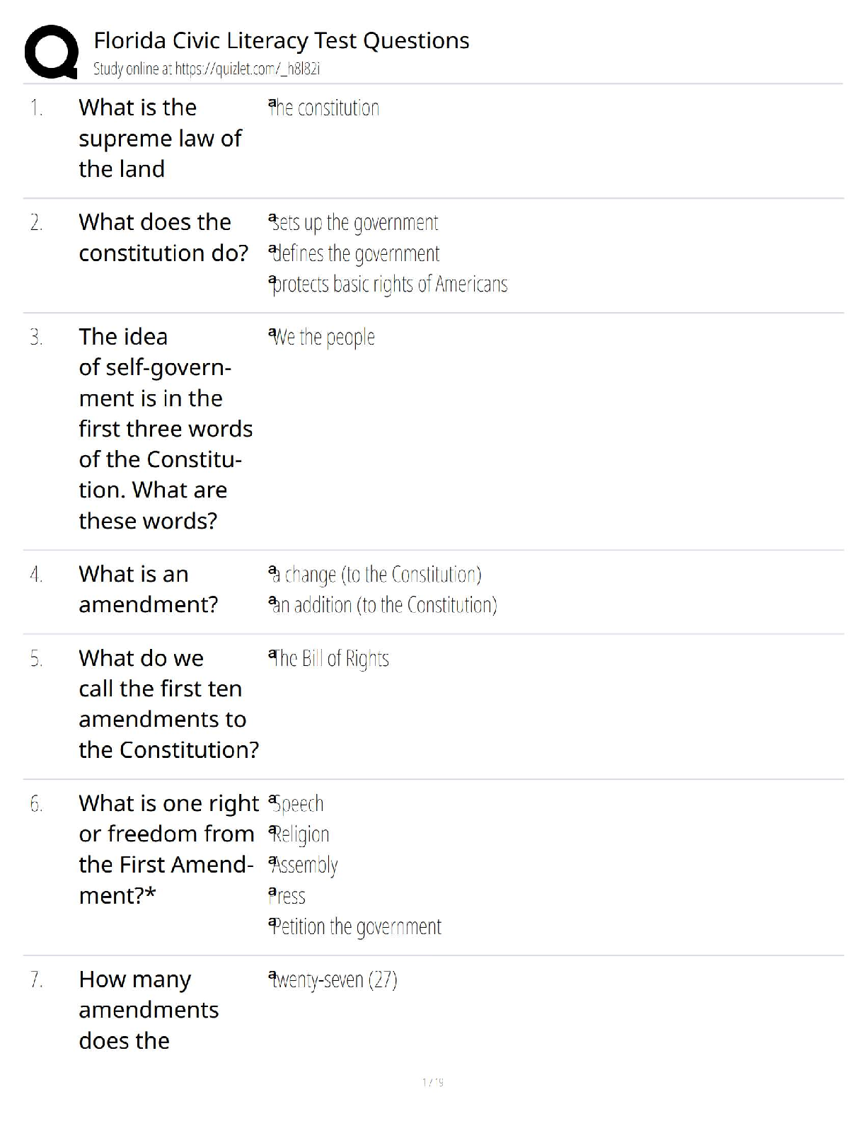 Preview image for Florida Civic Literacy Test Questions