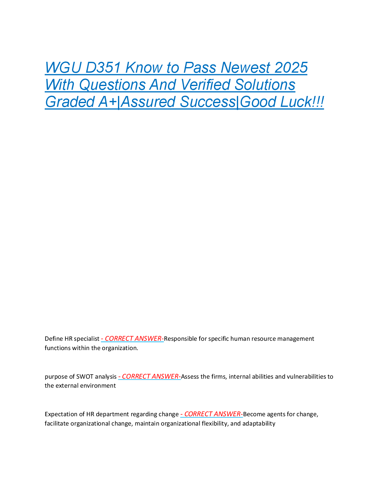 Preview of WGU D351 Know to Pass Newest 2025  With Questions And Verified Solutions  Graded A+|Assure
