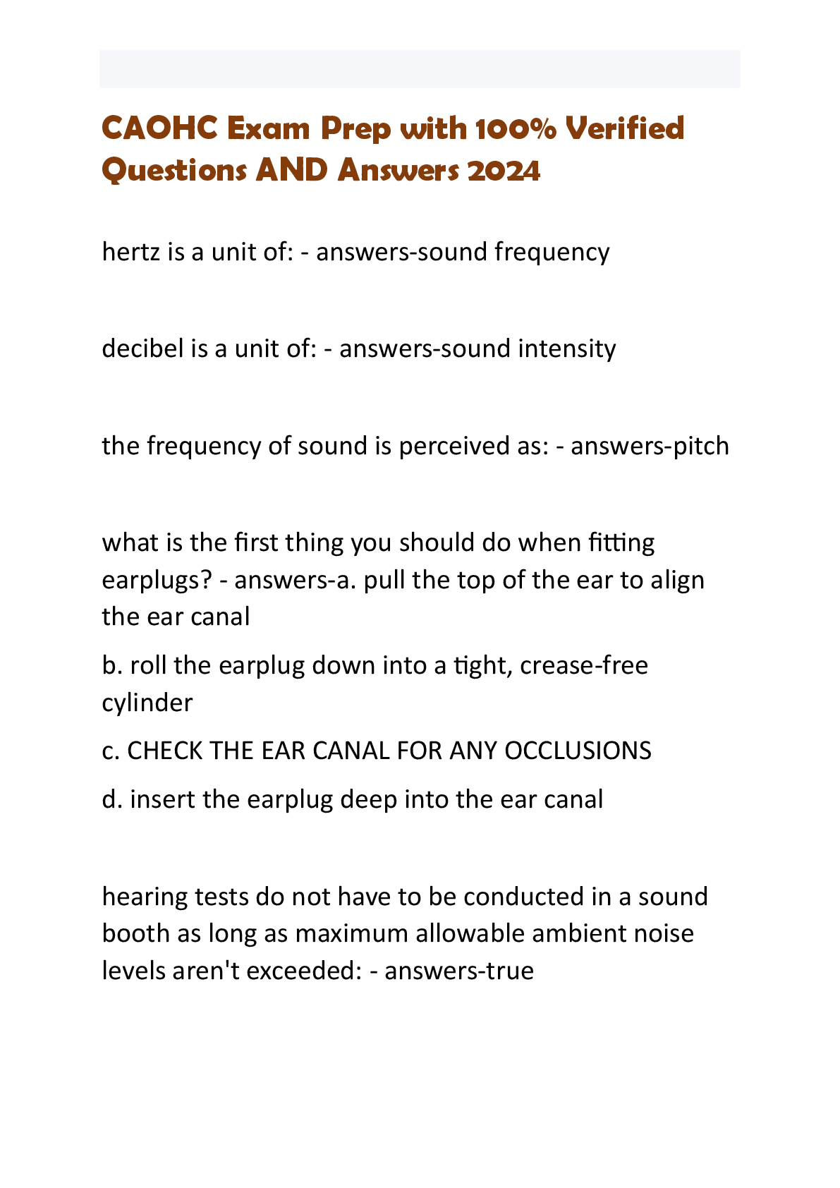 Preview image for CAOHC Exam Prep with 100% Verified  Questions AND Answers 2024