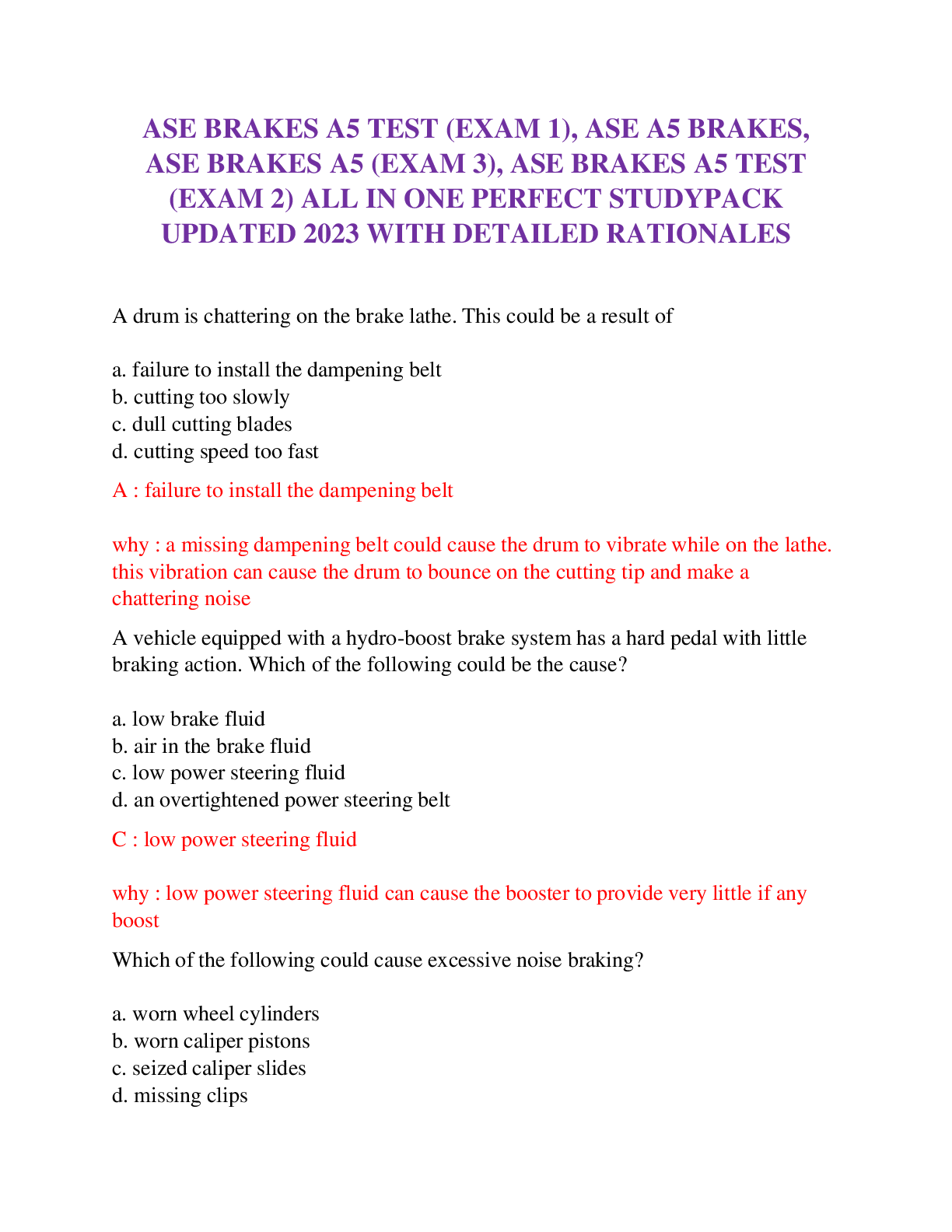Preview image for ASE BRAKES A5 TEST (EXAM 1), ASE A5 BRAKES,  ASE BRAKES A5 (EXAM 3), ASE BRAKES A5 TEST  (EXAM 2) ALL IN ONE PERFECT STUDYPACK  UPDATED 2023 WITH DETAILED RATIONALES