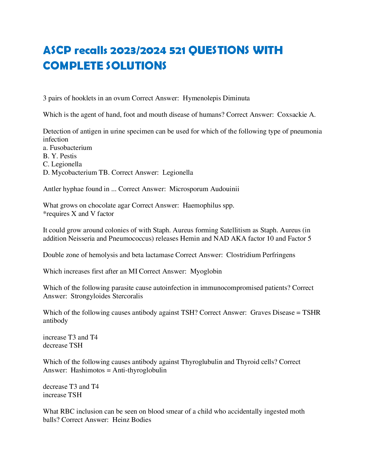 Preview image for ASCP recalls 2023/2024 521 QUESTIONS WITH  COMPLETE SOLUTIONS