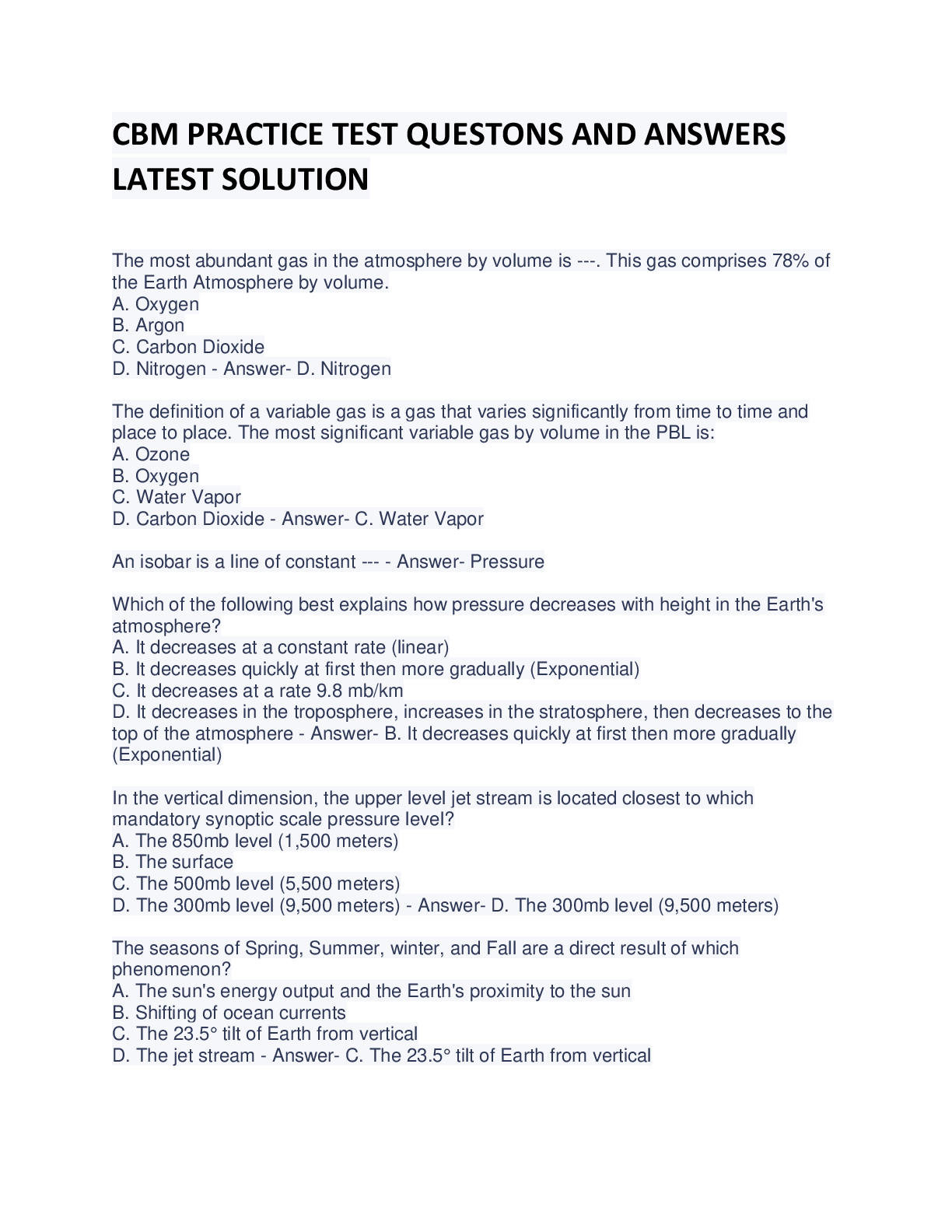 Preview of CBM PRACTICE TEST QUESTONS AND ANSWERS  LATEST SOLUTION
