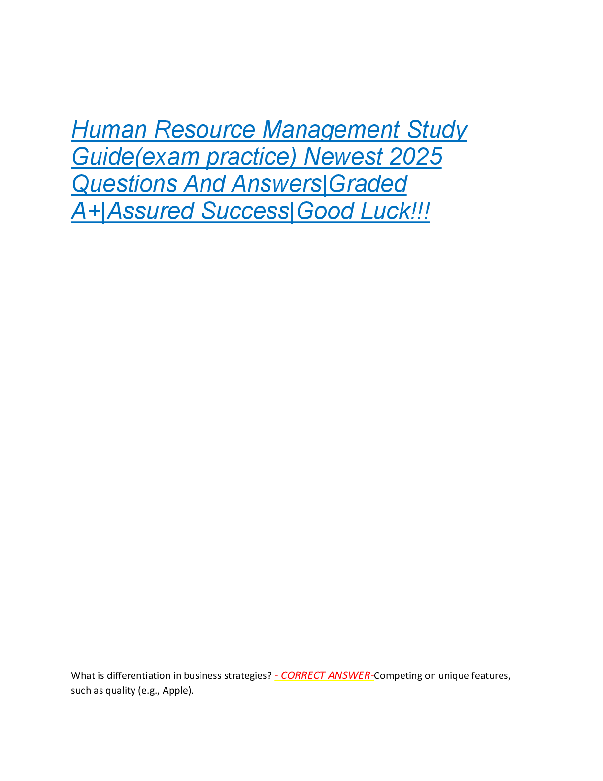 Human Resource Management Study  Guide(exam practice) Newest 2025  Questions And Answers|Graded  A+|Assured Success|Good Luck!!!