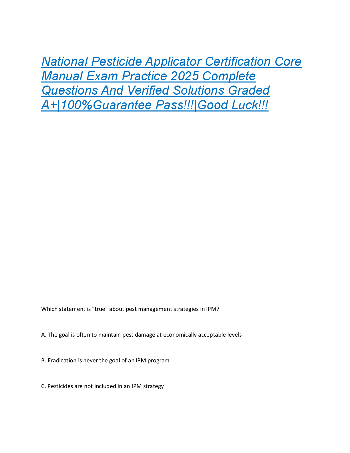 Preview of National Pesticide Applicator Certification Core  Manual Exam Practice 2025 Complete  Questions And Verified Solutions Graded  A+|100%Guarantee Pass!!!|Good Luck!!!