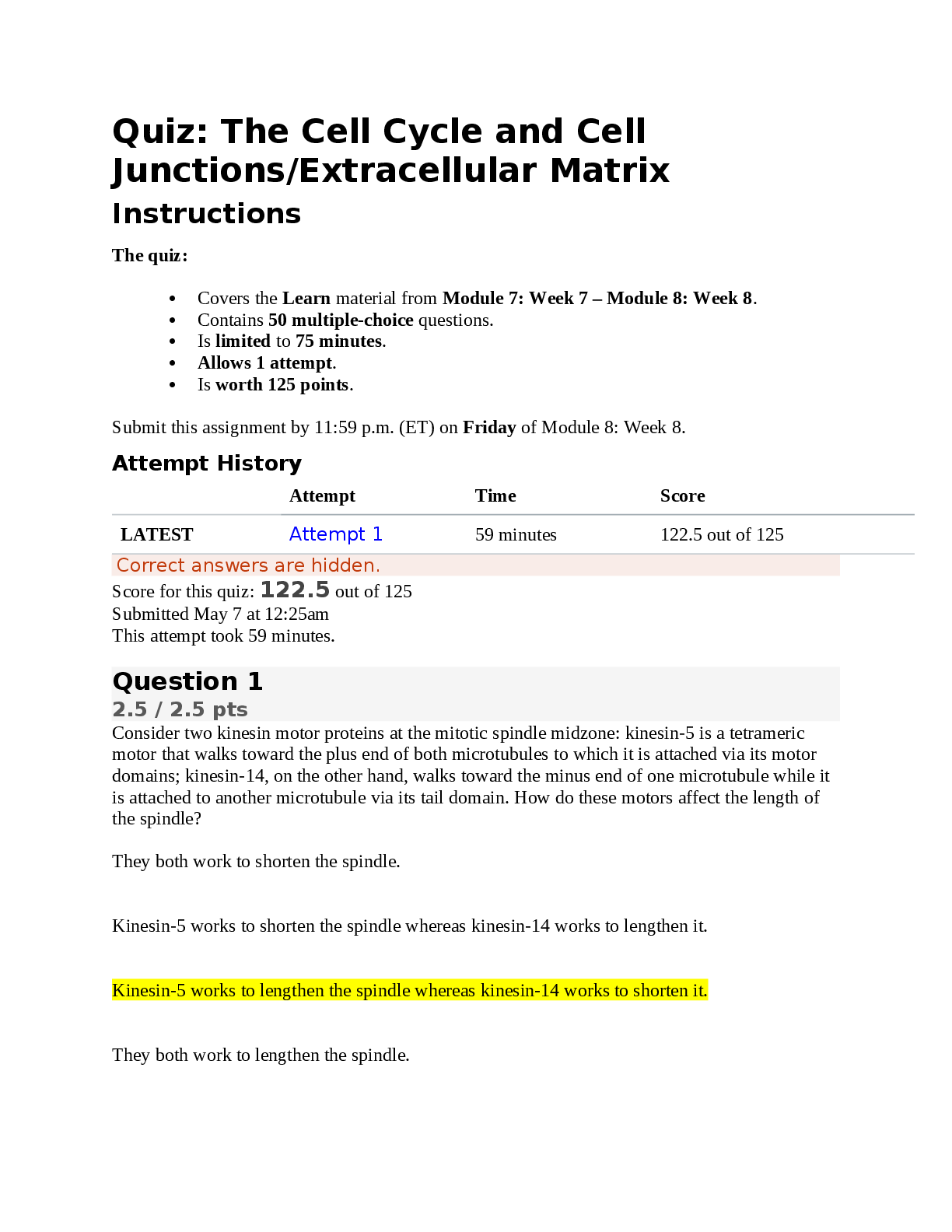 MSCI 660 Quiz Cell Cycle, Cell Junctions & Extracellular Matrix | Score 122.5/125 | Liberty University Online Academy