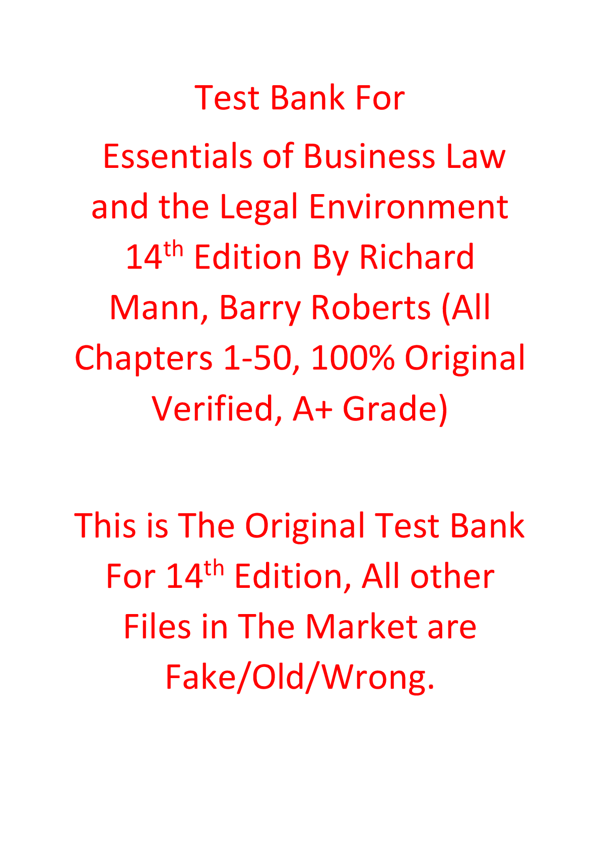 Preview of Test Bank For Essentials of Business Law and the Legal Environment 14th Edition By Richard Mann, Barry Roberts