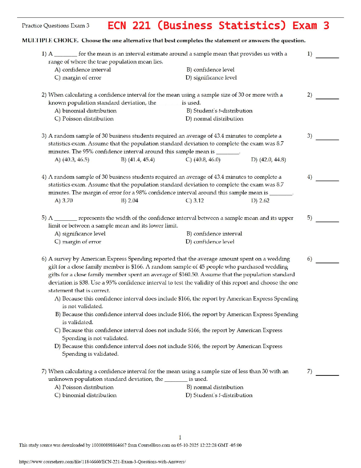 ECN 221 (Business Statistics) Exam 3 | Arizona State University | Updated Questions & Answers