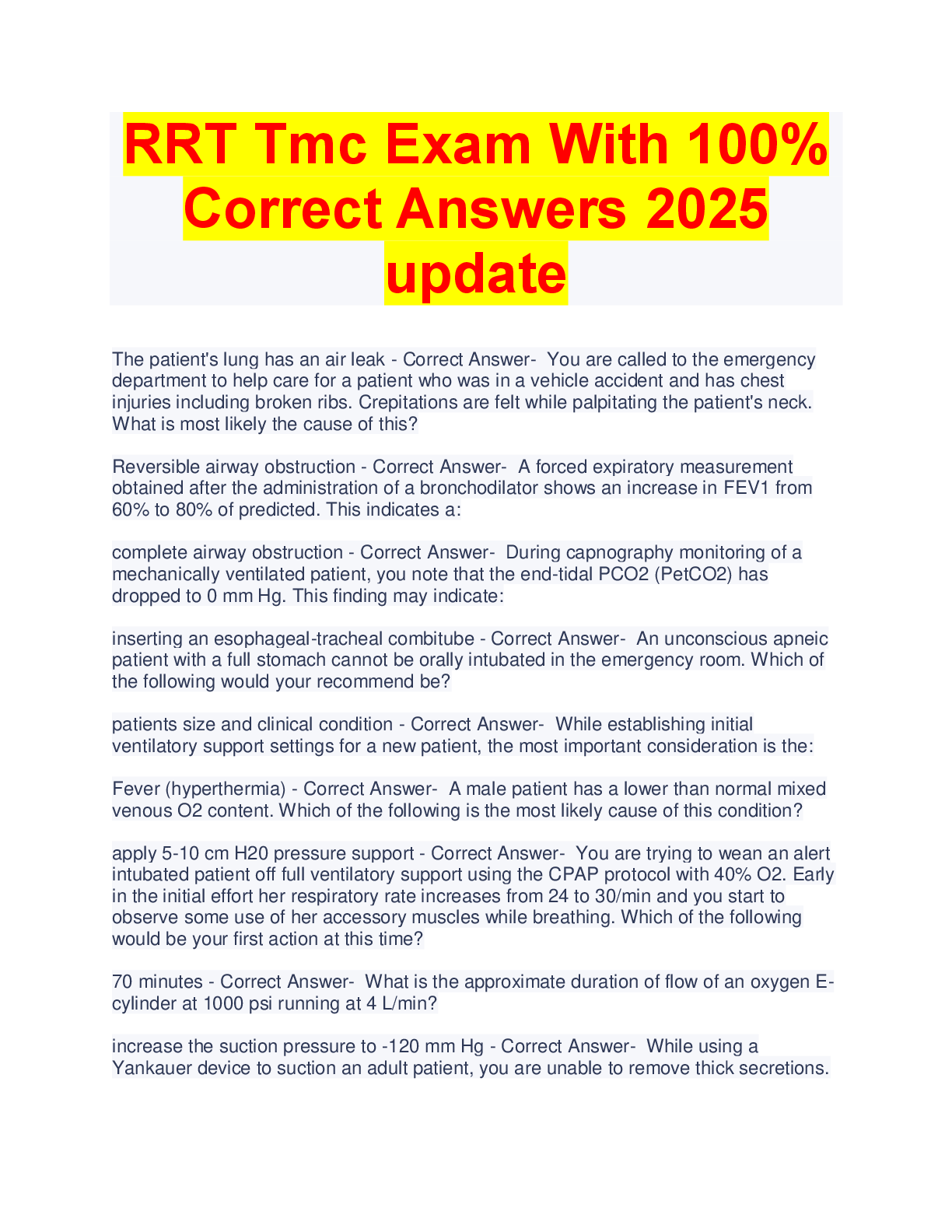 Preview image for RRT Tmc Exam With 100%  Correct Answers 2025  update