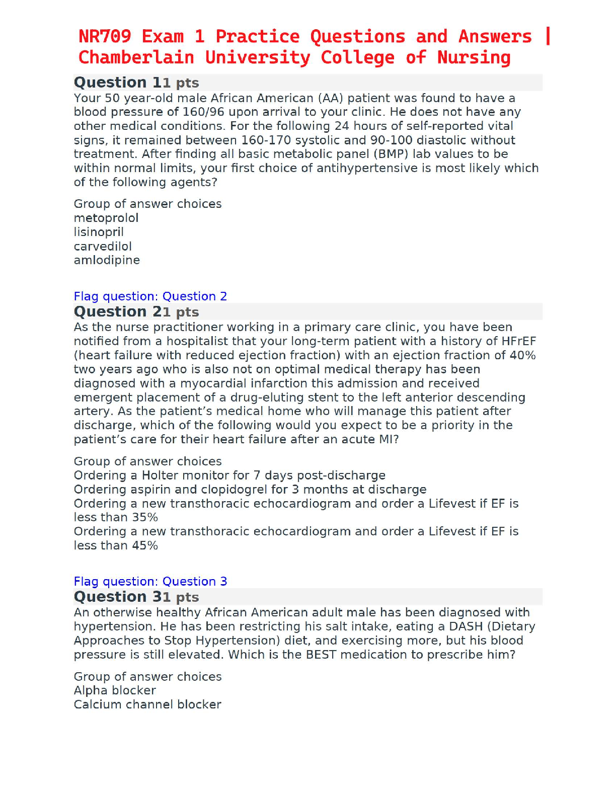 NR709 Exam 1 Practice Questions and Answers | Chamberlain University College of Nursing