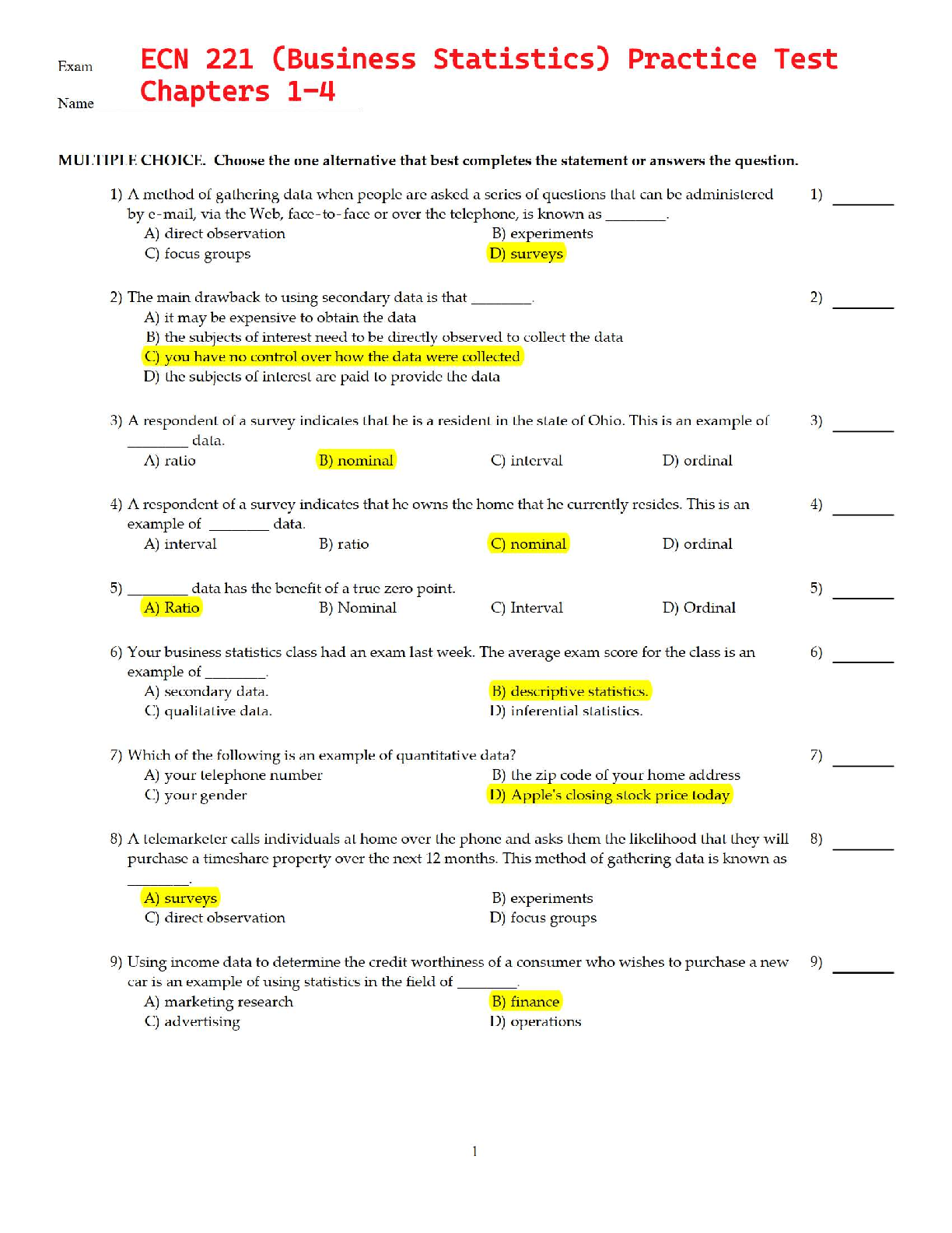 ECN 221 (Business Statistics) Practice Test Chapters 1-4 | Arizona State University | Verified Questions & Answers