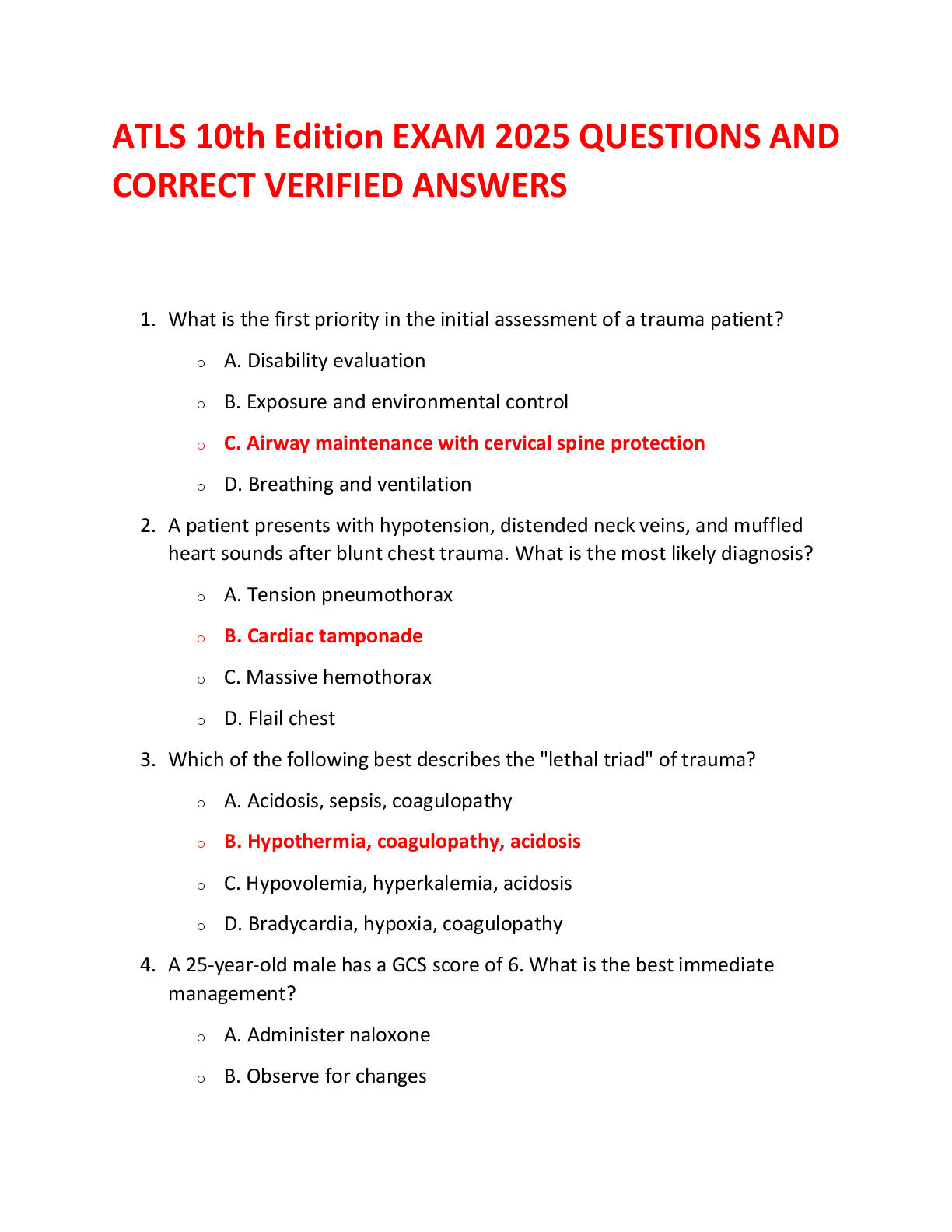 ATLS 10th Edition EXAM 2025 QUESTIONS AND  CORRECT VERIFIED ANSWERS