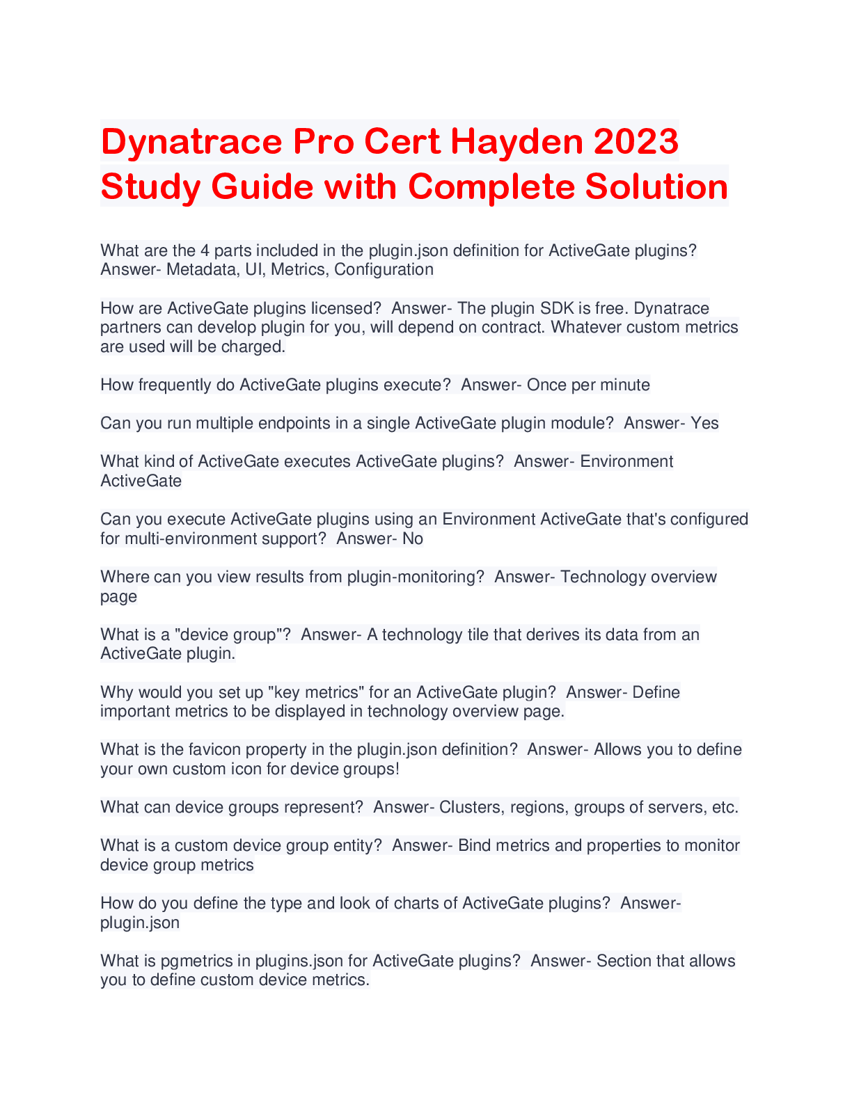 Preview image for Dynatrace Pro Cert Hayden 2023  Study Guide with Complete Solution