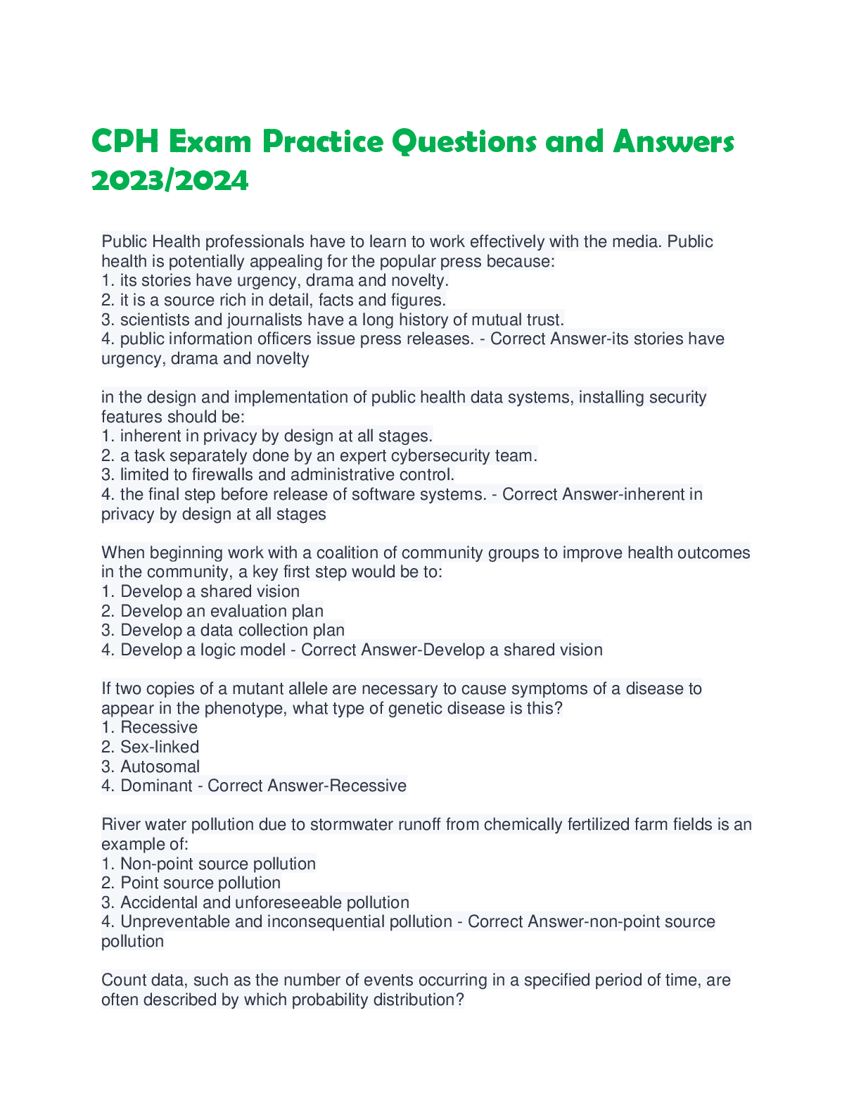 Preview image for CPH Exam Practice Questions and Answers  2023/2024