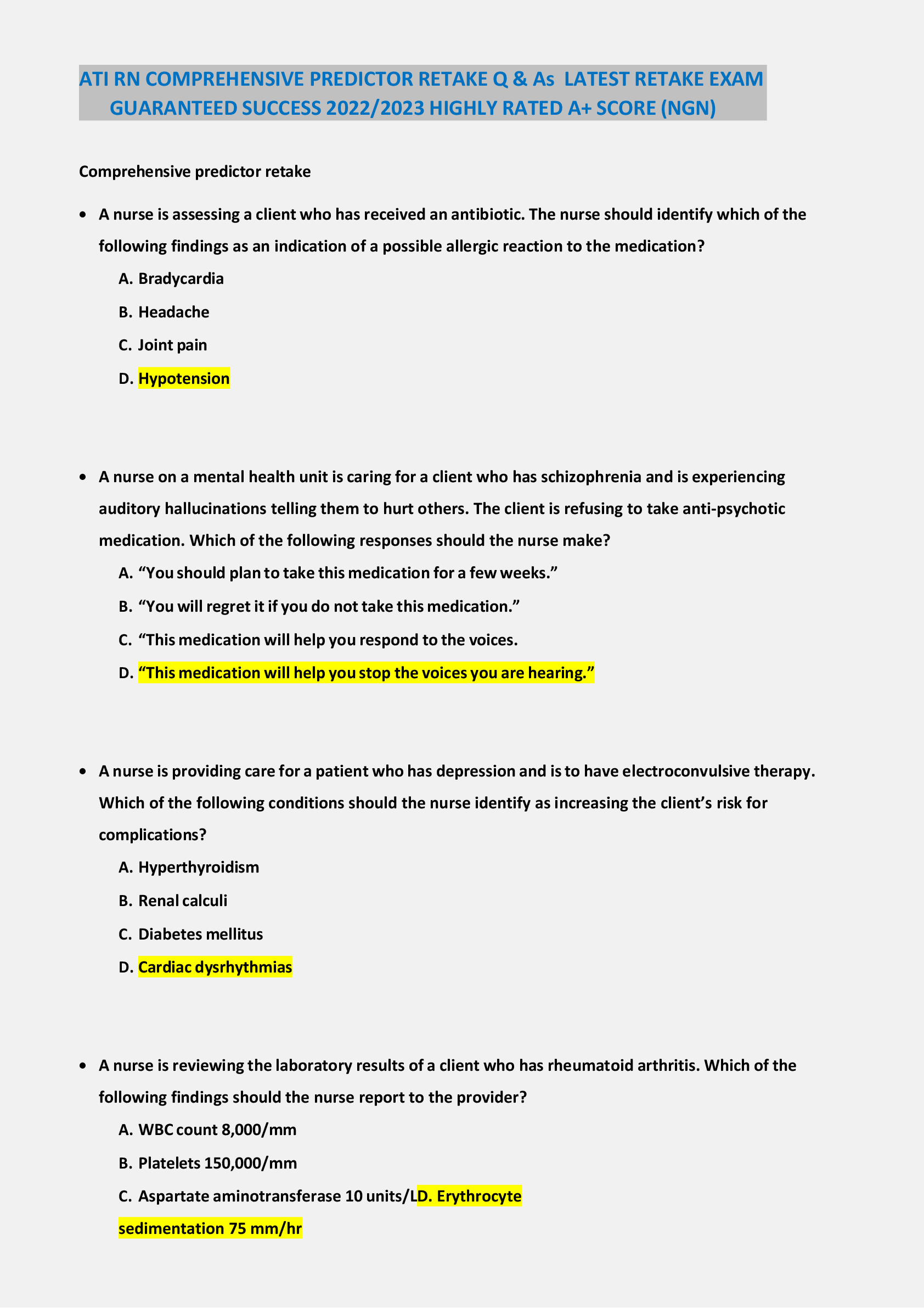 Preview of ATI RN COMPREHENSIVE PREDICTOR RETAKE Q & As LATEST RETAKE EXAM  GUARANTEED SUCCESS 2022/2