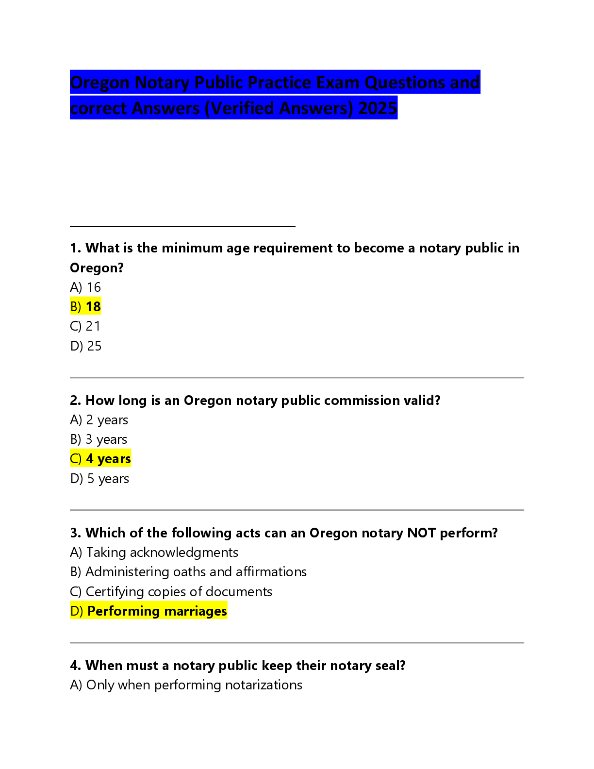 Recommended document preview for Oregon Notary Public Practice Exam Questions and  correct Answers (Verified Answers) 2025