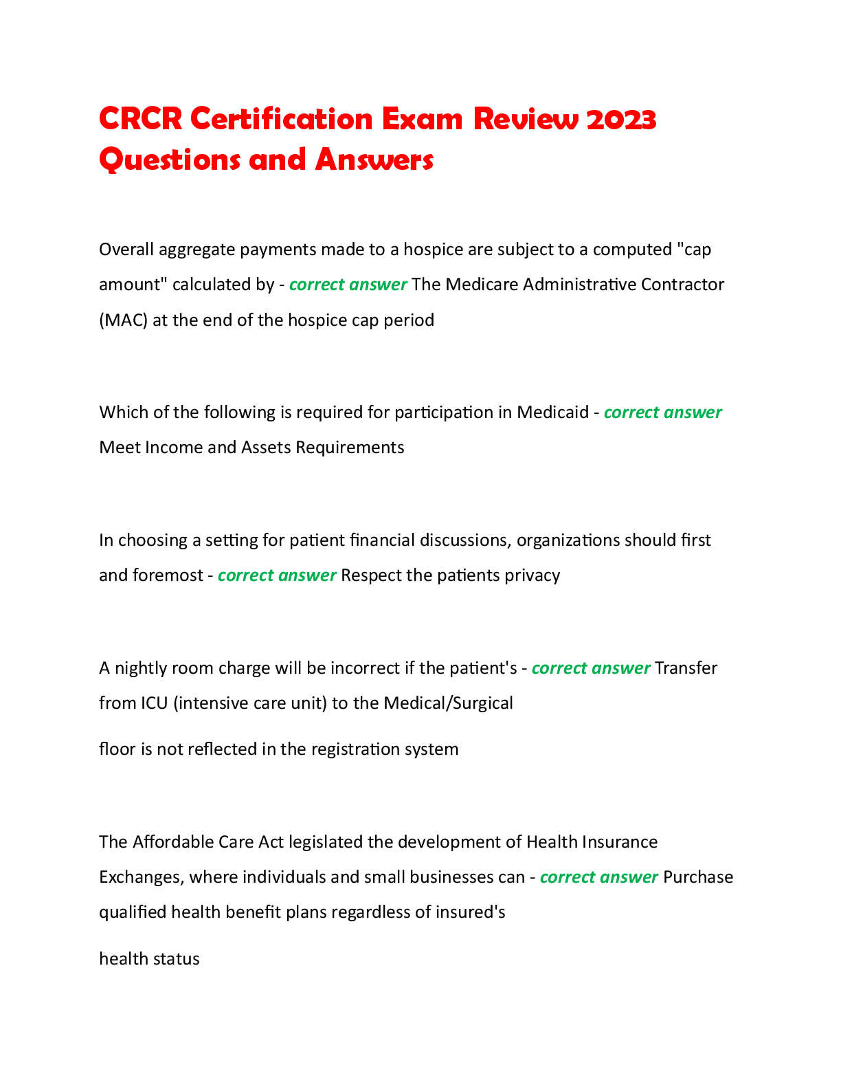 Preview image for CRCR Certification Exam Review 2023  Questions and Answers