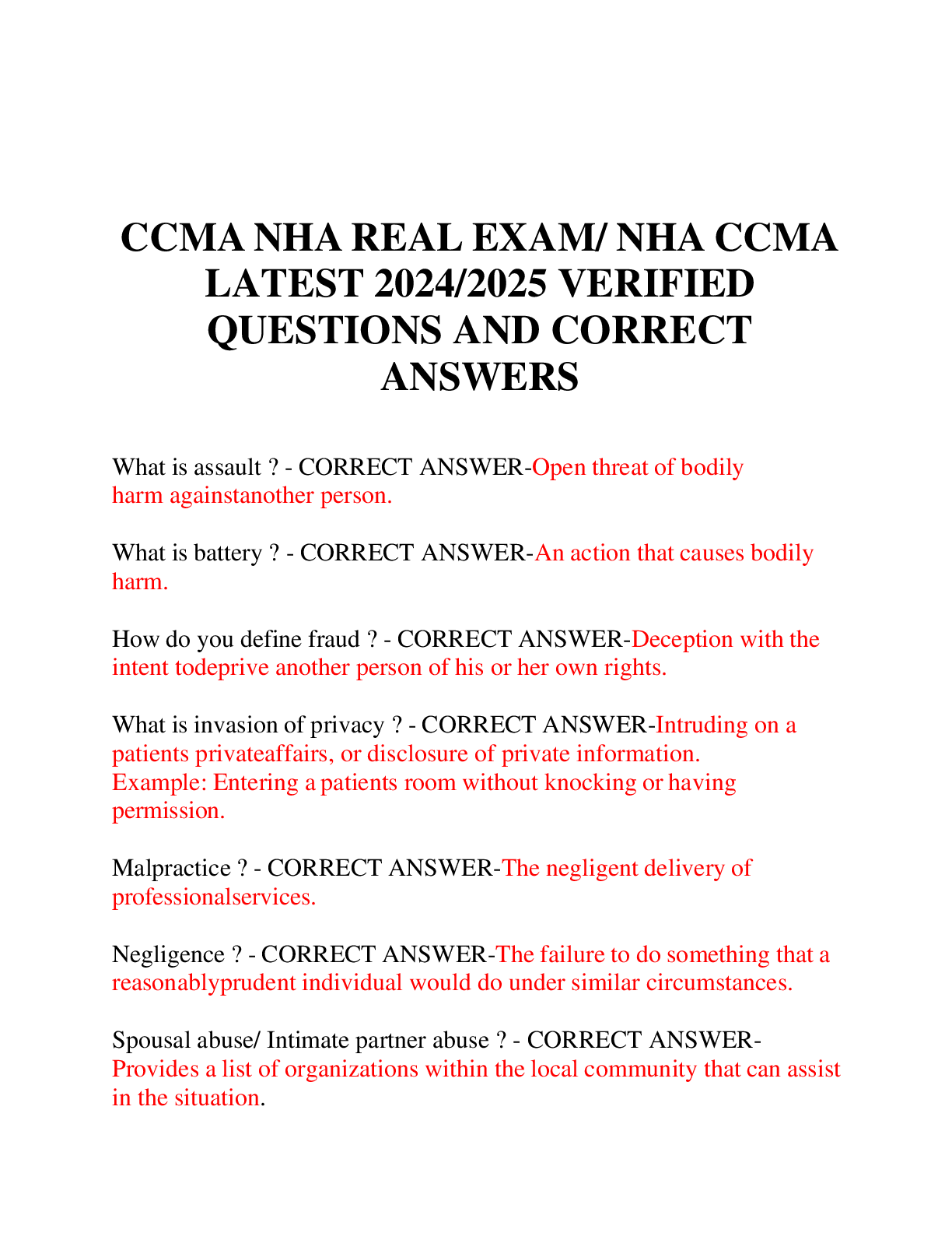 Preview image for CCMA NHA REAL EXAM/ NHA CCMA  LATEST 2024/2025 VERIFIED  QUESTIONS AND CORRECT  ANSWERS