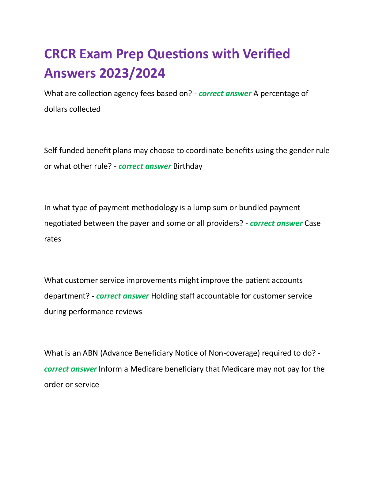 Preview image for CRCR Exam Prep Questions with Verified  Answers 2023/2024