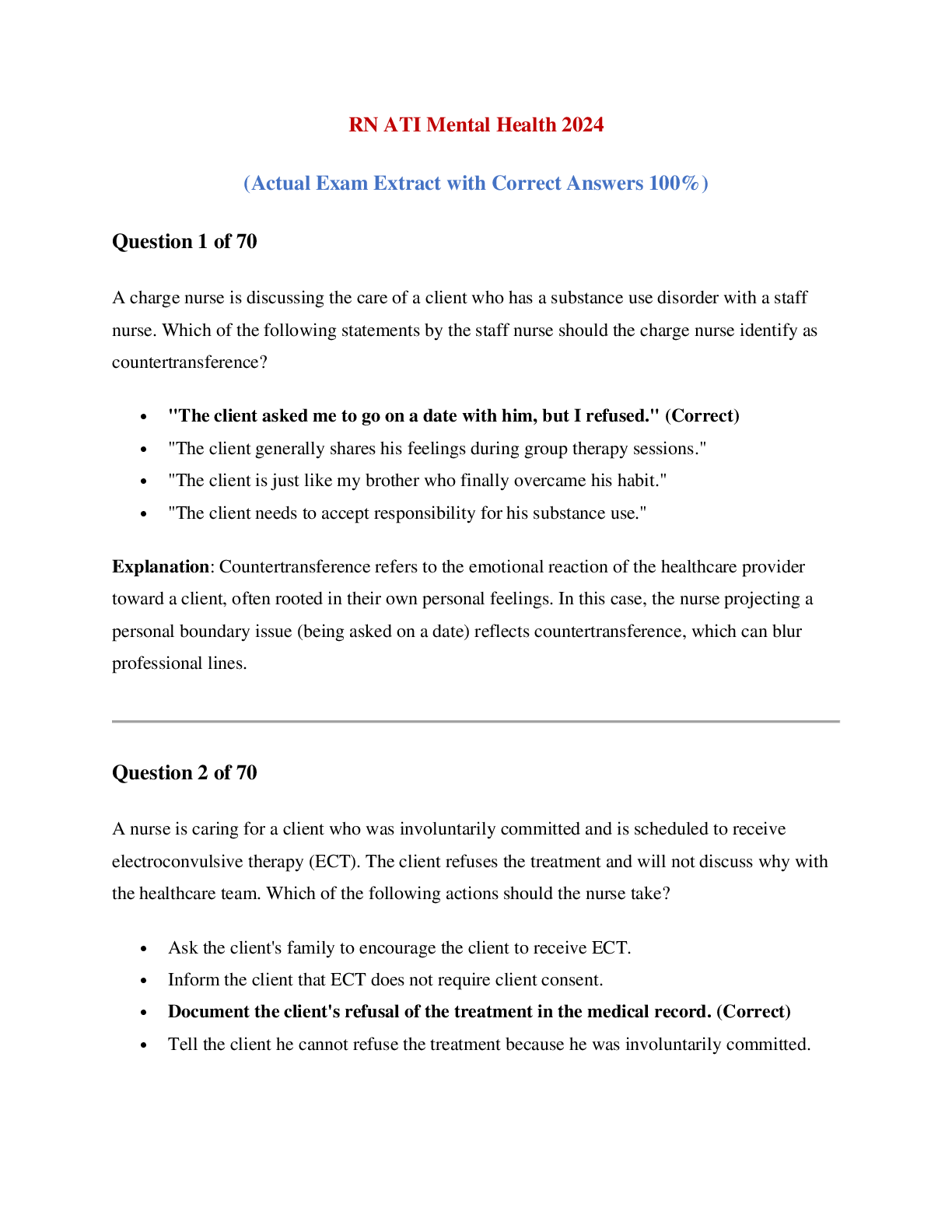 Recommended document preview for RN ATI Mental Health 2024 Exam Questions & Verified Answers