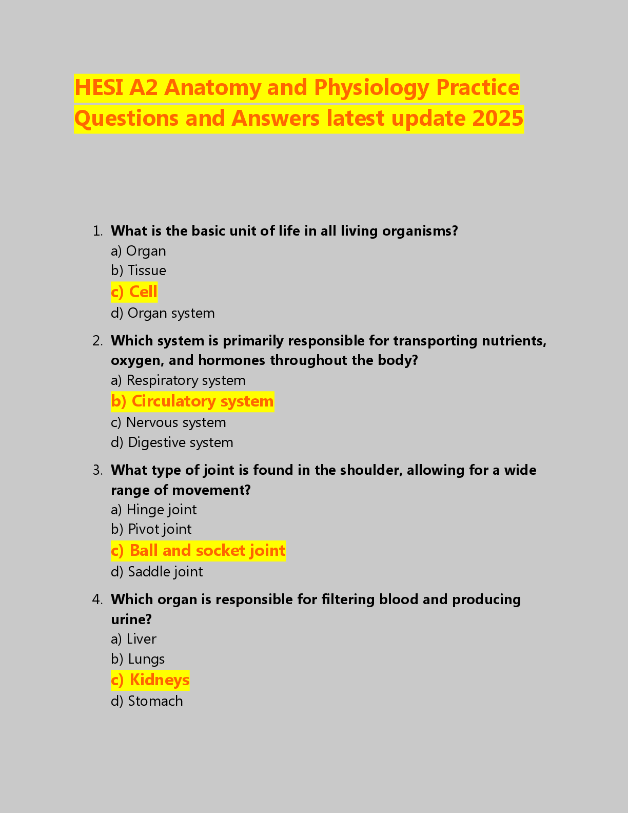 HESI A2 Anatomy and Physiology Practice  Questions and Answers latest update 2025