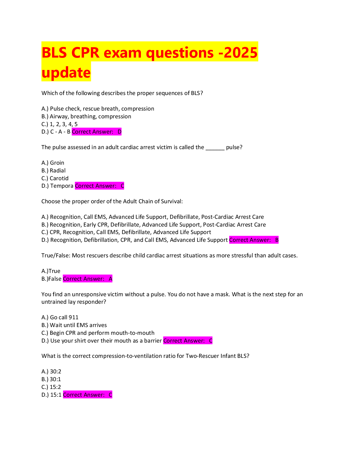 Preview image of BLS CPR exam questions -2025  update document