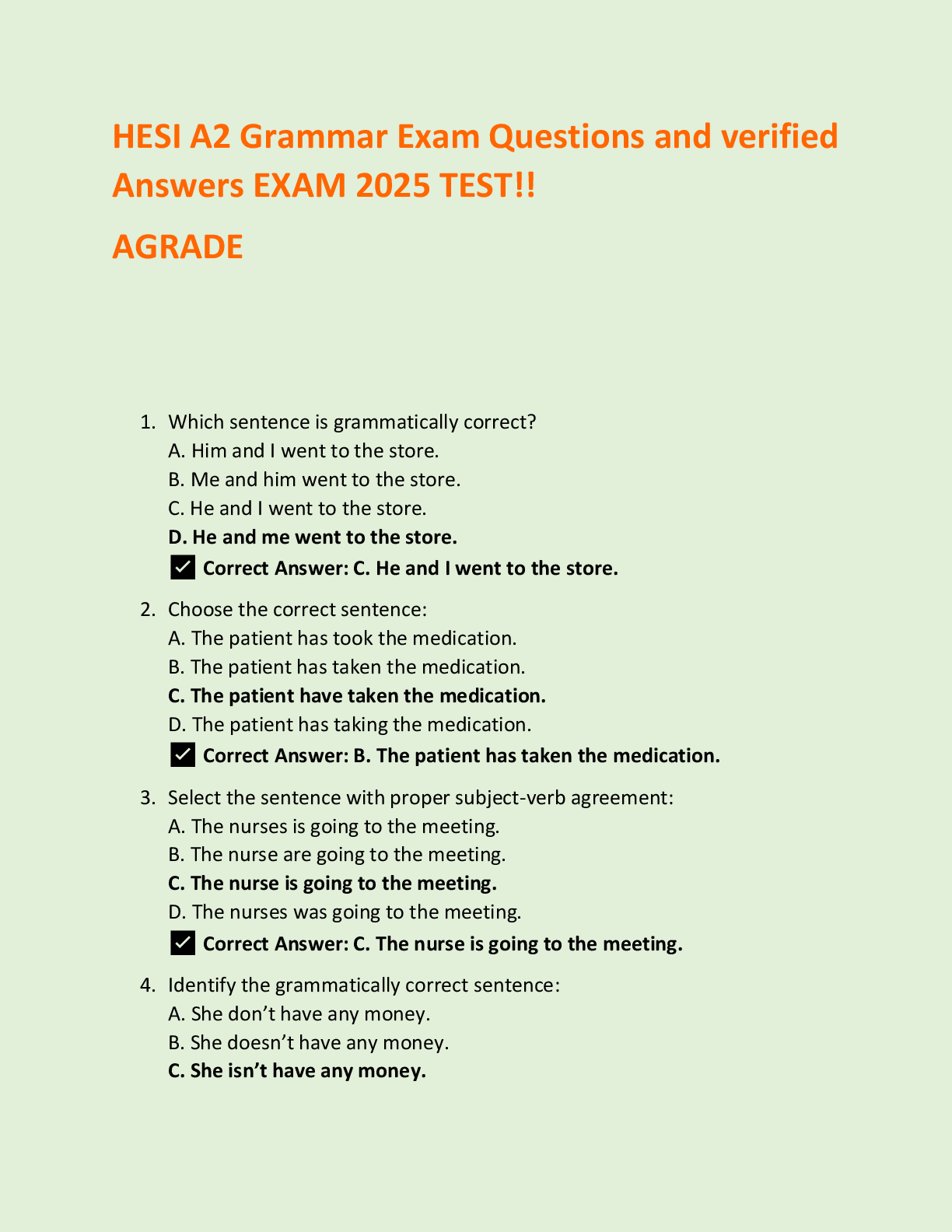 Recommended document preview for HESI A2 Grammar Exam Questions and verified  Answers EXAM 2025 TEST!! AGRADE