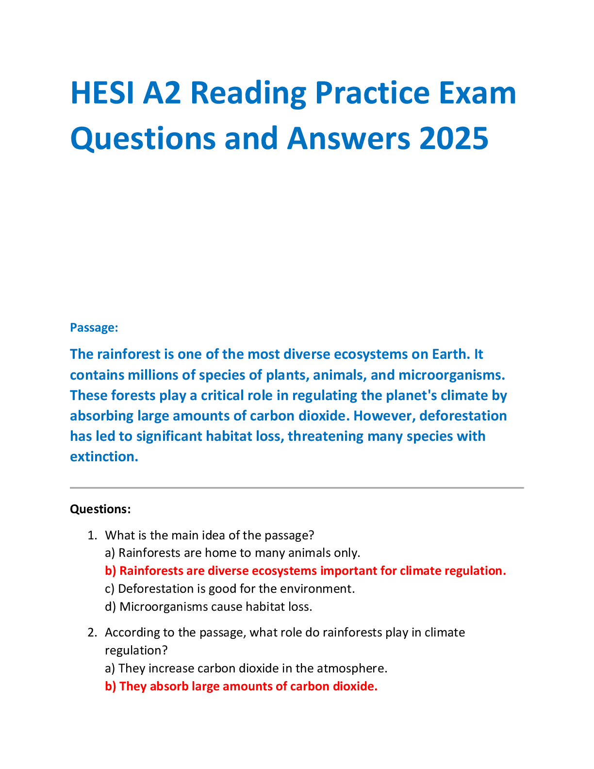 HESI A2 Reading Practice Exam Questions and Answers 2025