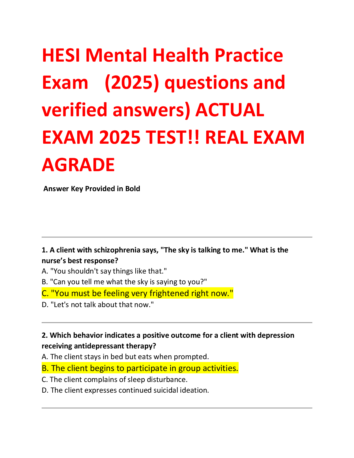 HESI Mental Health Practice  Exam (2025) questions and  verified answers) ACTUAL  EXAM 2025 TEST!! REAL EXAM  AGRADE