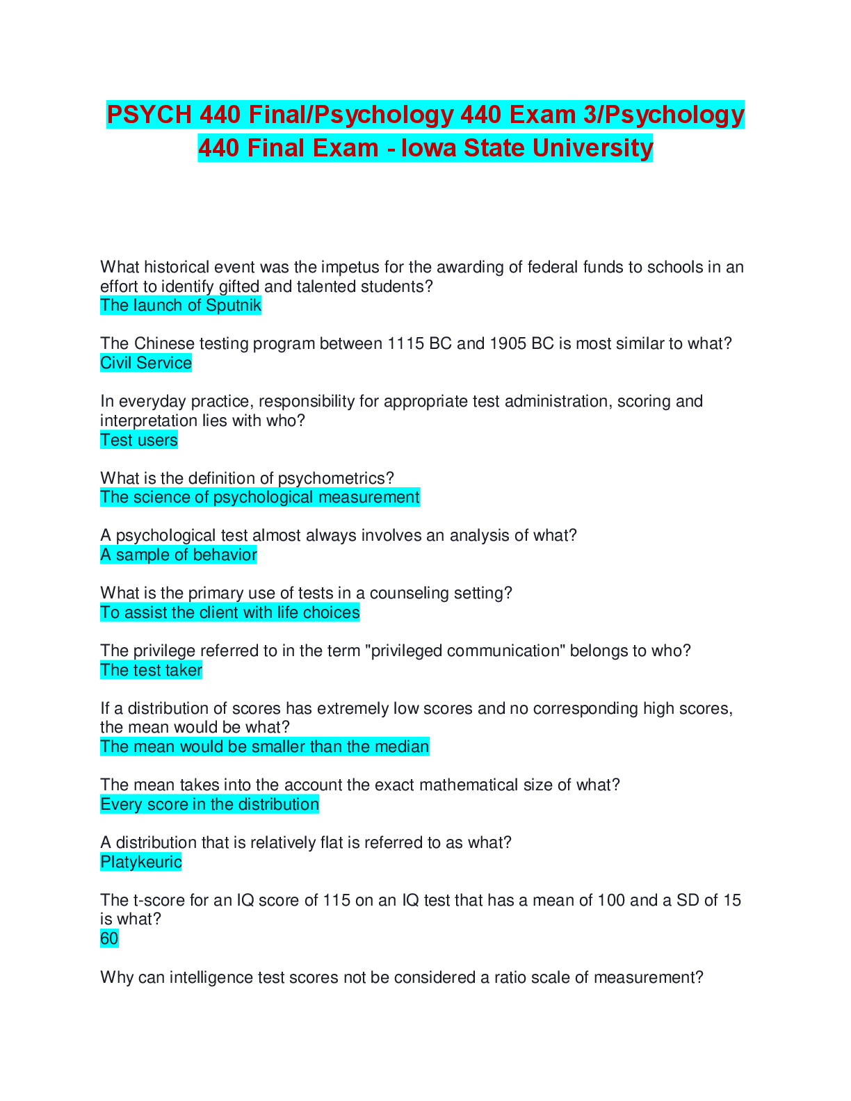 Preview of PSYCH 440 Final/Psychology 440 Exam 3/Psychology 440 Final Exam - Iowa State University